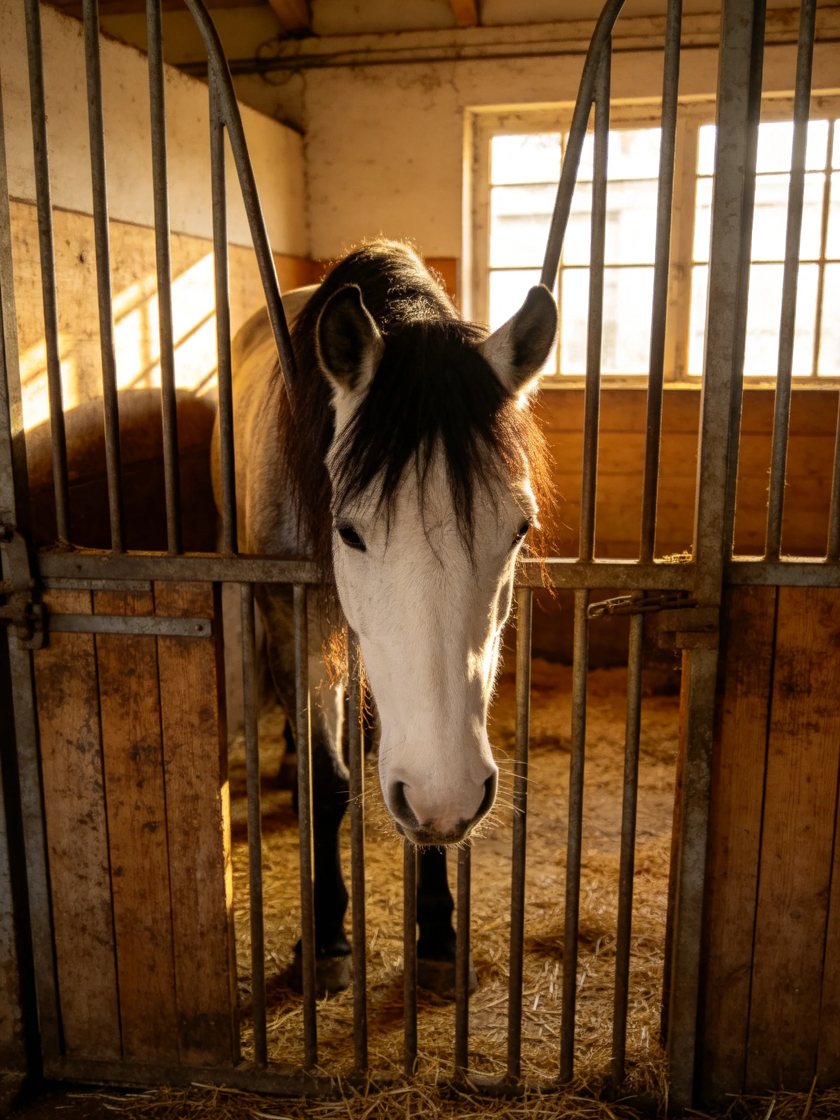 A white-faced horse in a wooden stable with metal bars