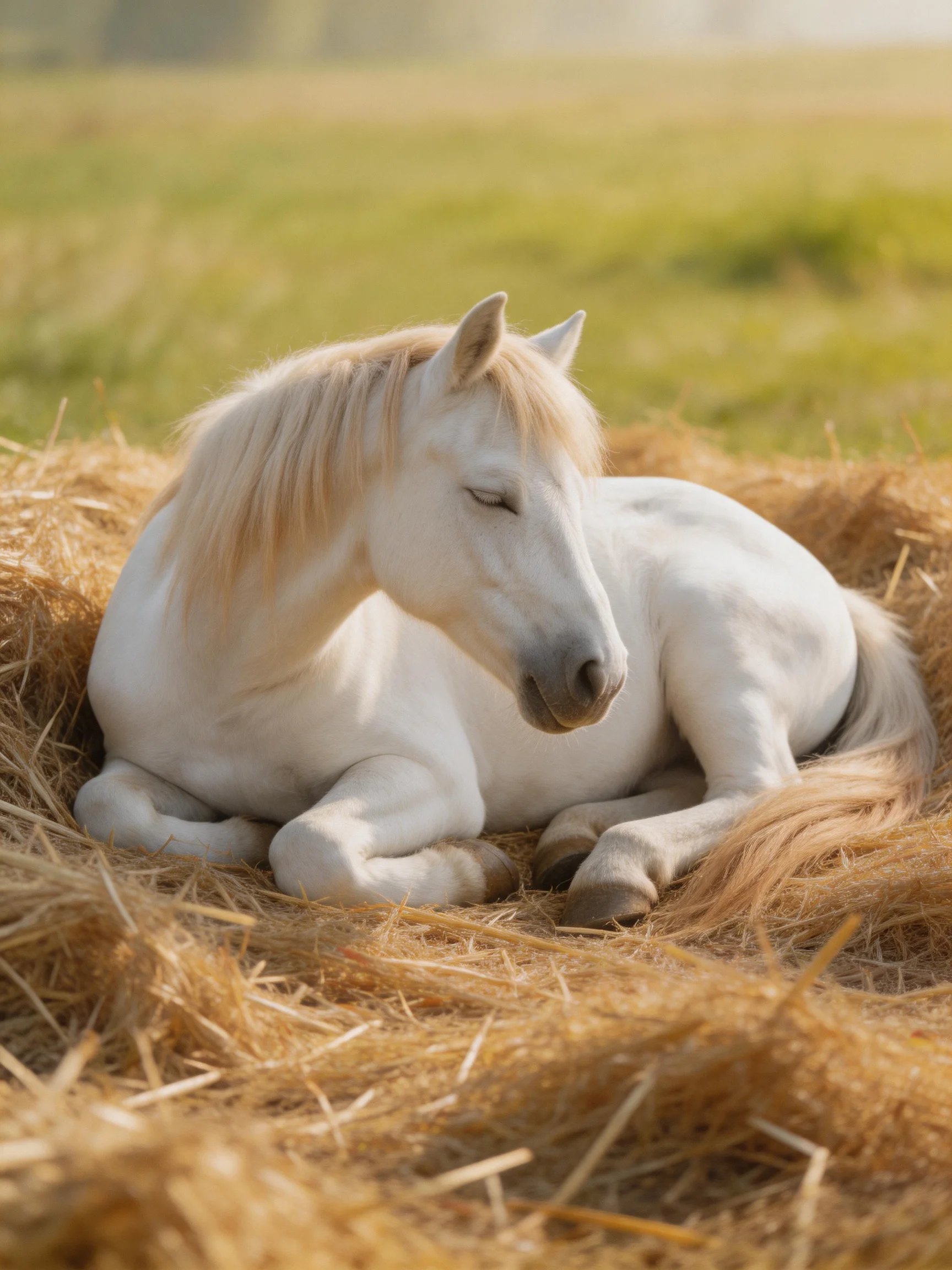 A white foal rests on golden straw in a sunlit meadow