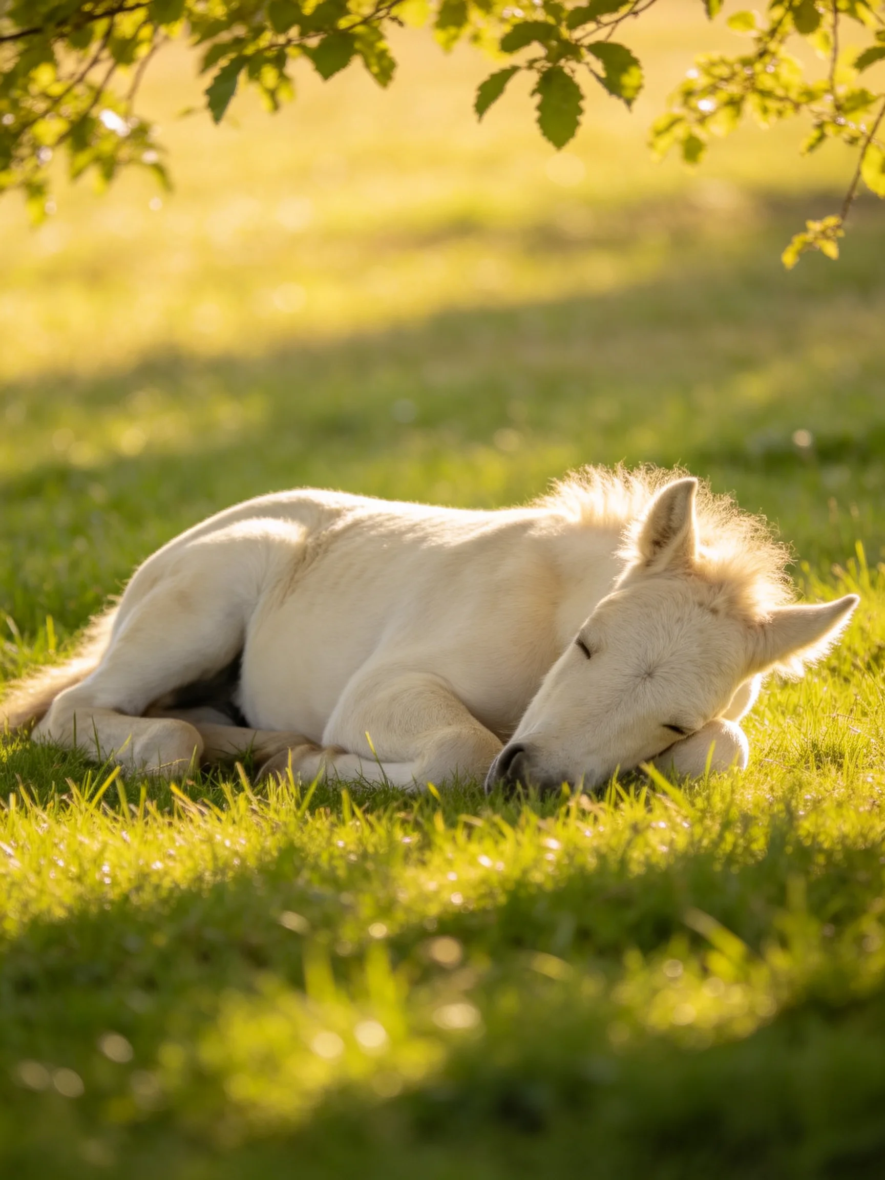 A white foal sleeps on sun-dappled green grass under leafy branches
