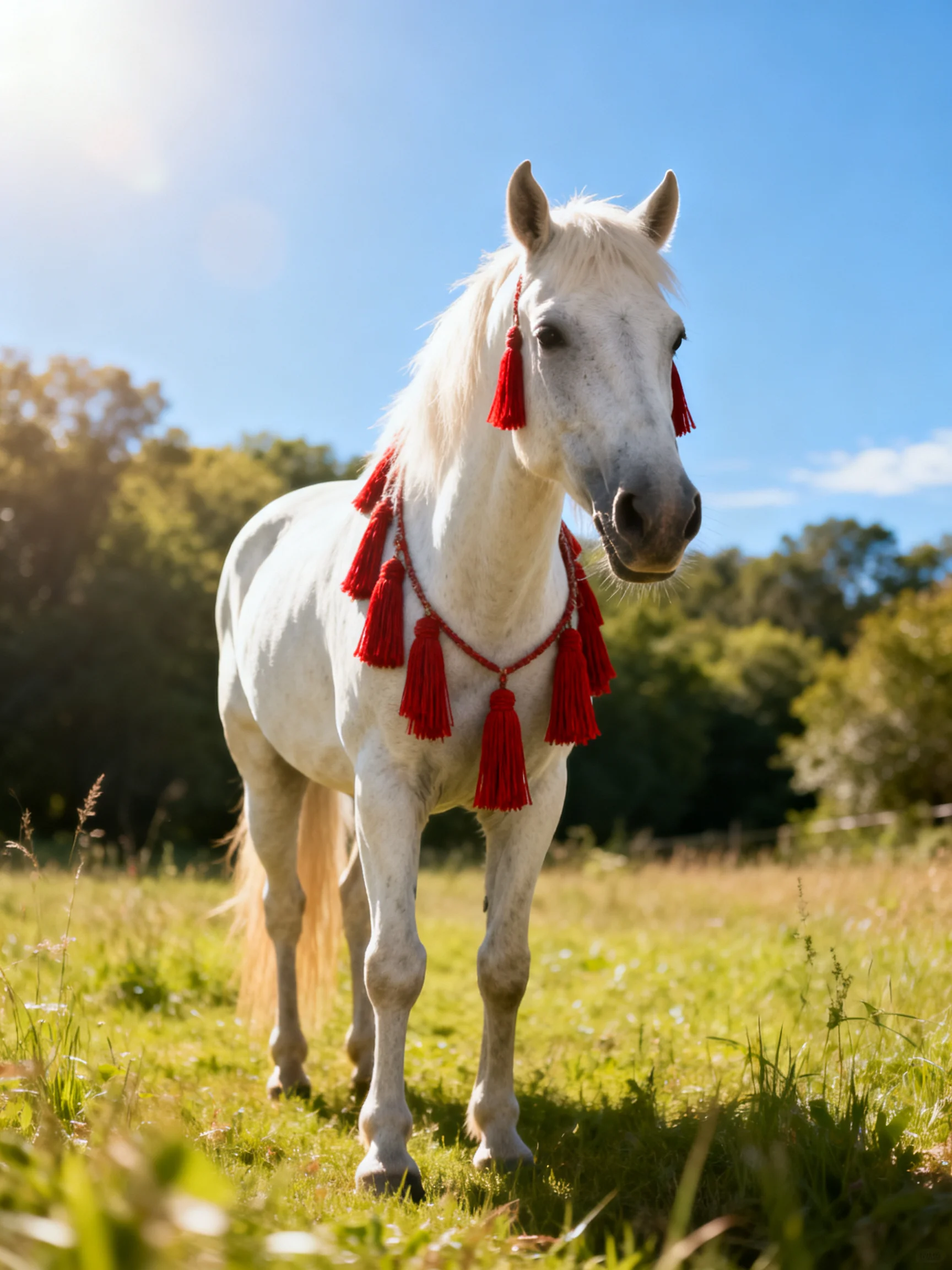 A white horse adorned with vibrant red tassels stands in a sunlit meadow