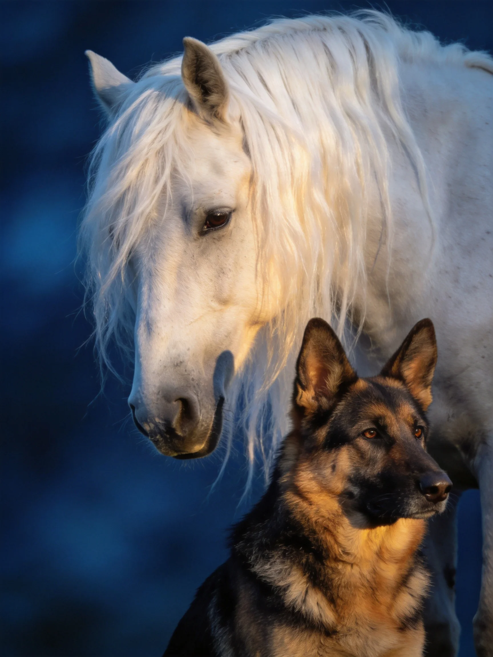 A white horse and German Shepherd against a deep blue backdrop