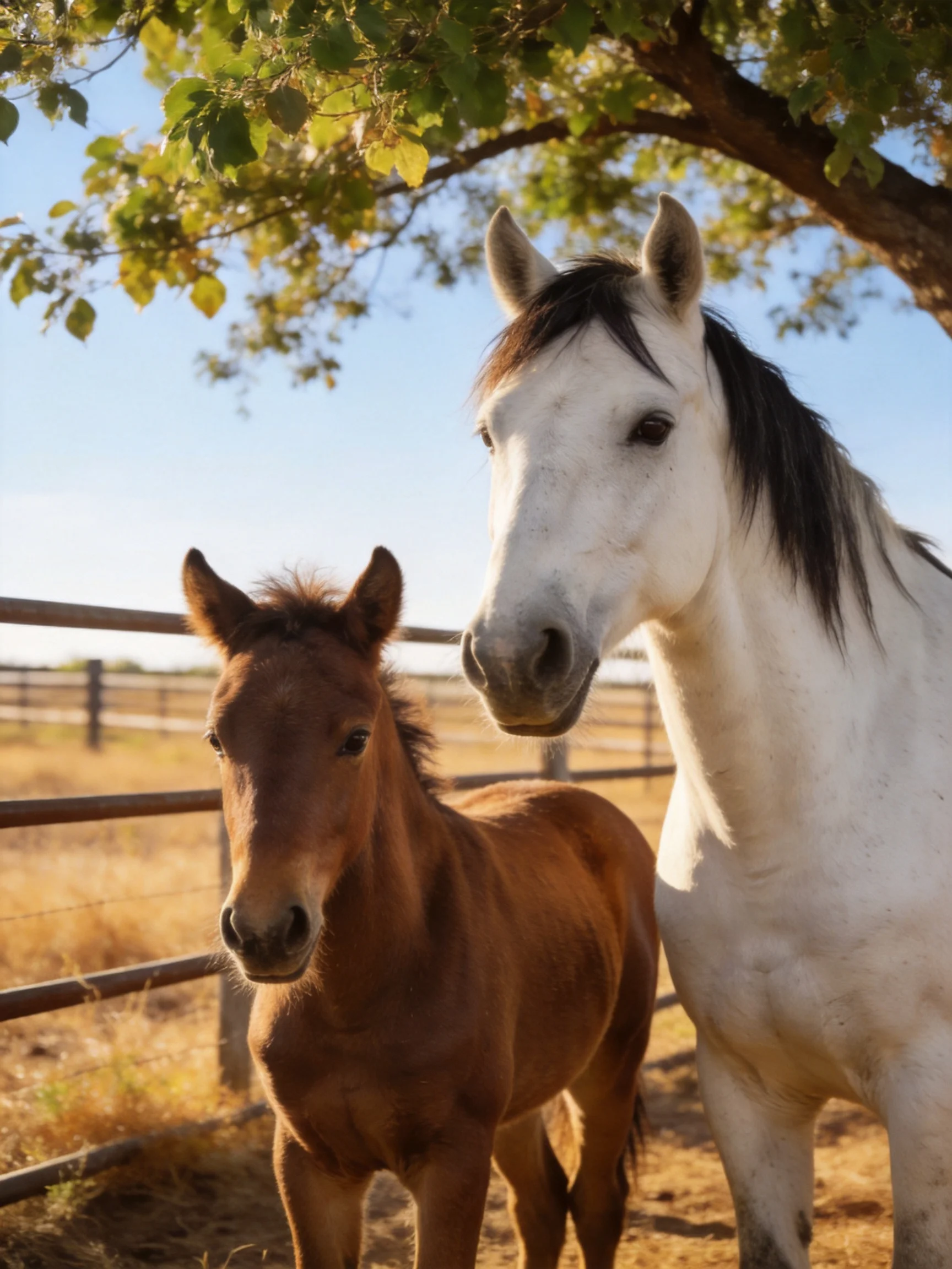 A white horse stands beside a brown foal near a wooden fence under a leafy tree.