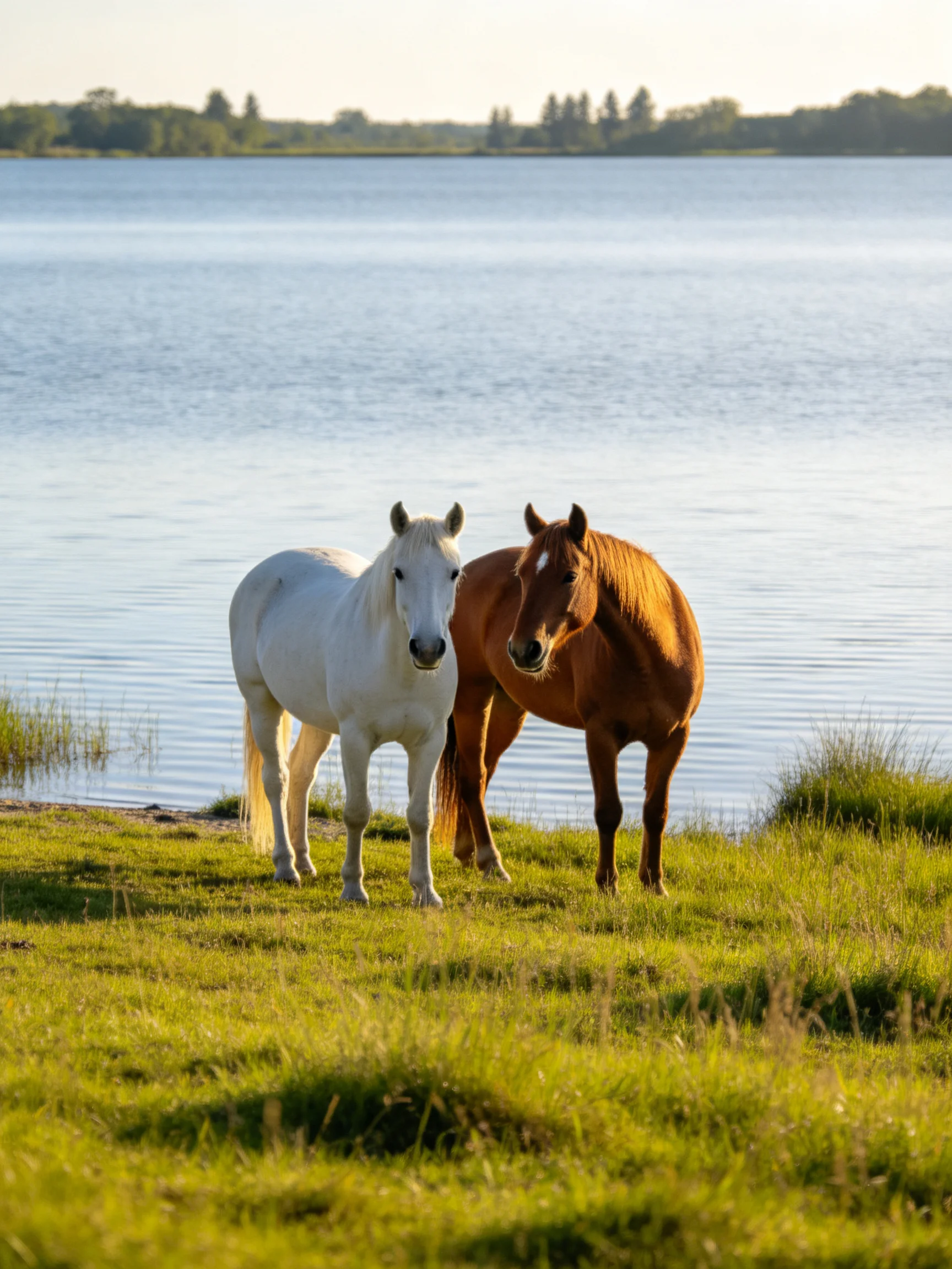 A white horse and a brown horse stand together near a calm body of water.