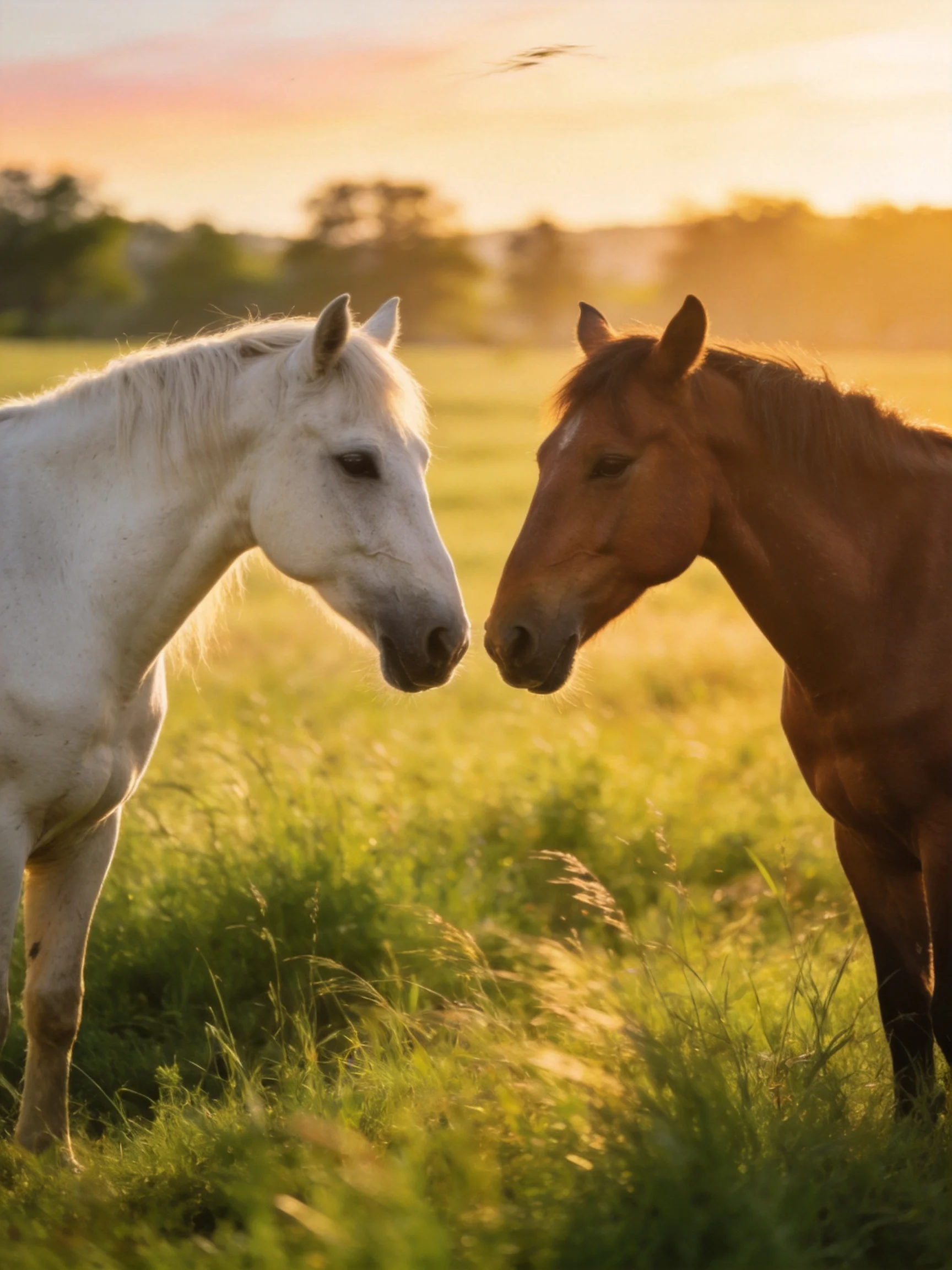 Two horses interact closely in a sunlit meadow during sunset.