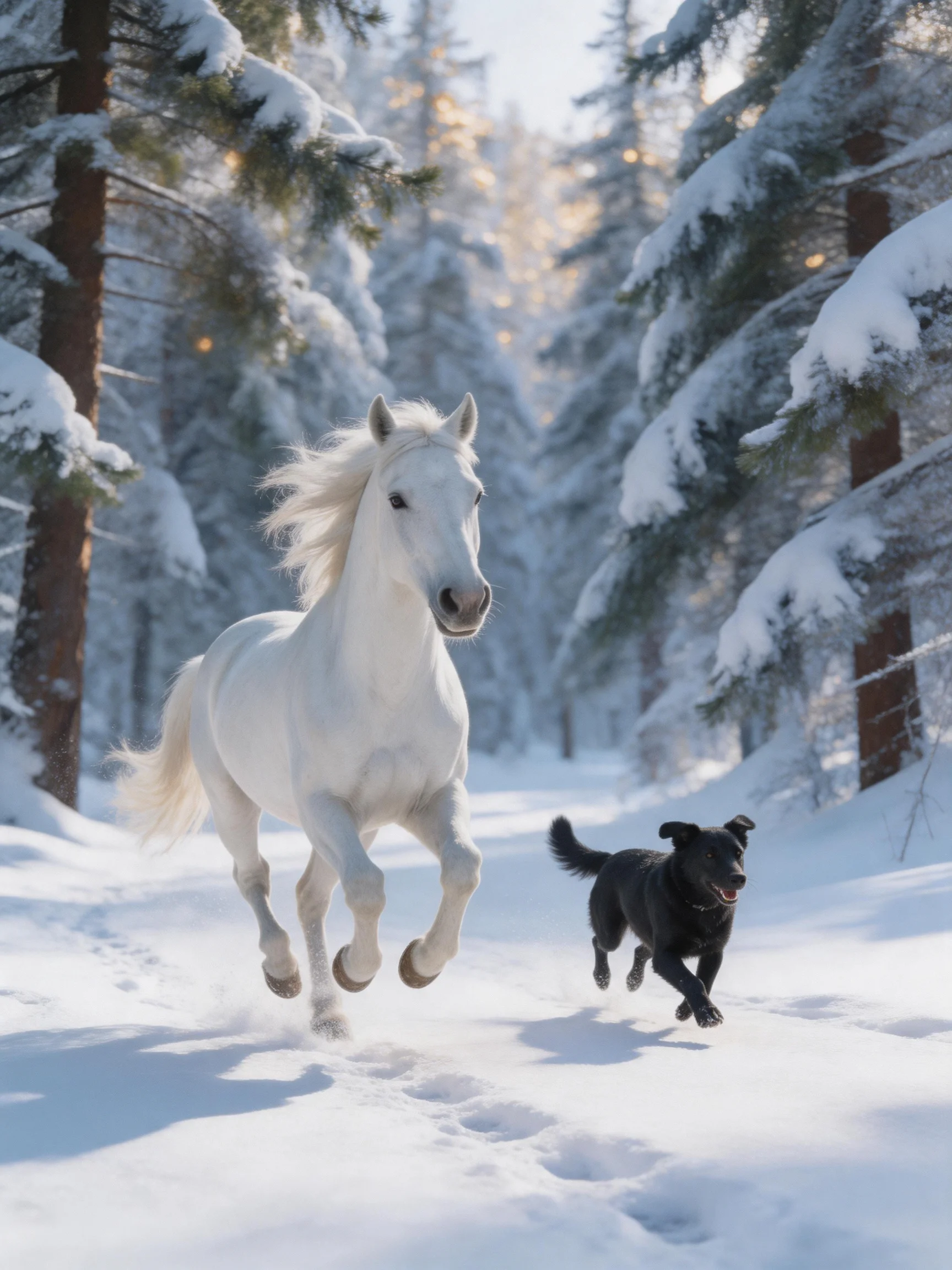 A white horse and black dog run through a snow-filled forest path