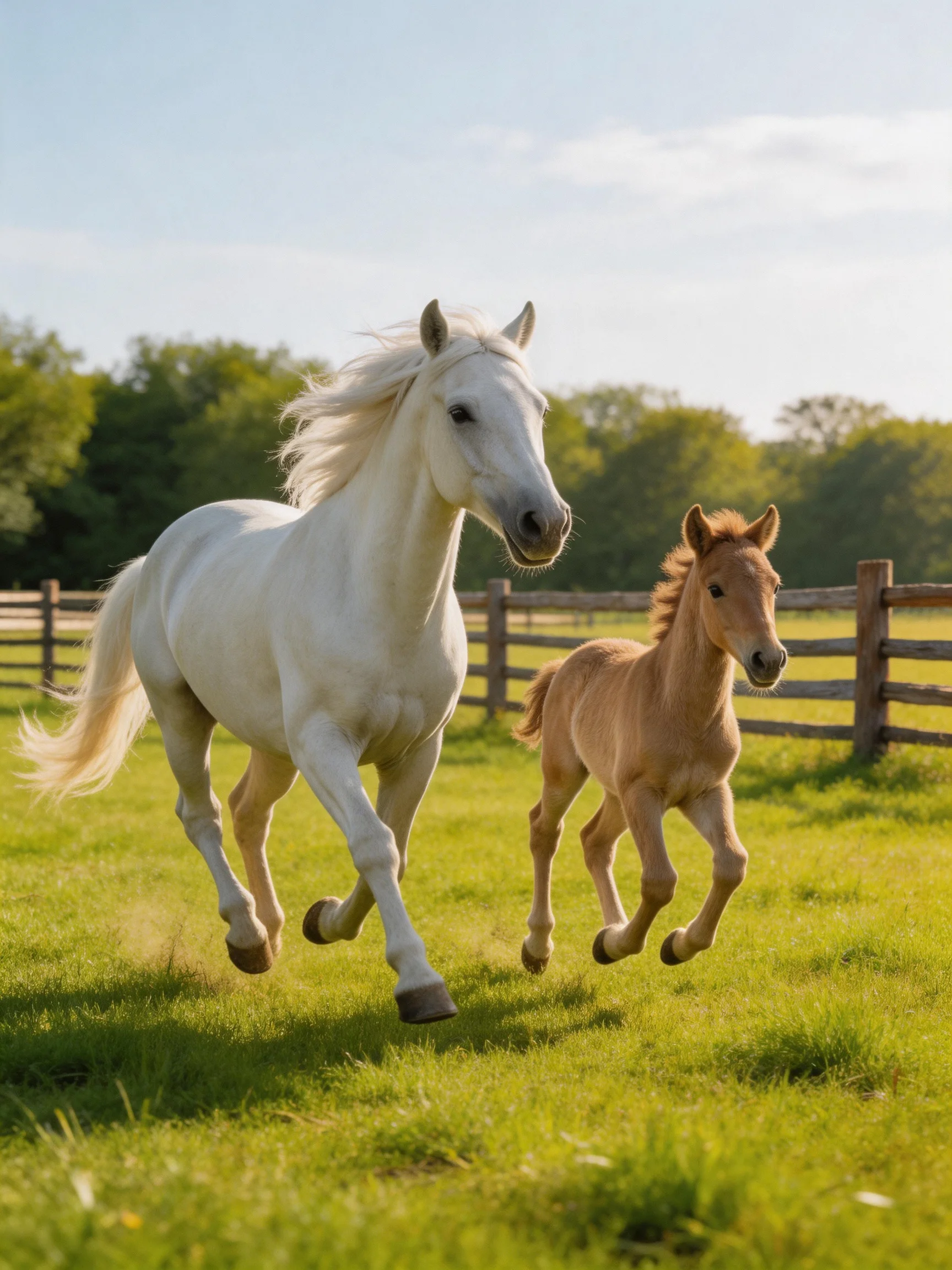 A white horse and brown foal gallop through a sunny pasture