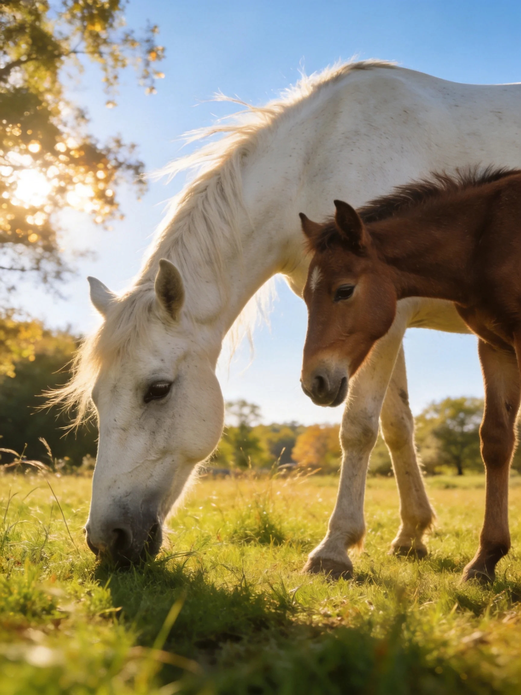 A white horse and brown foal graze in a sunlit meadow