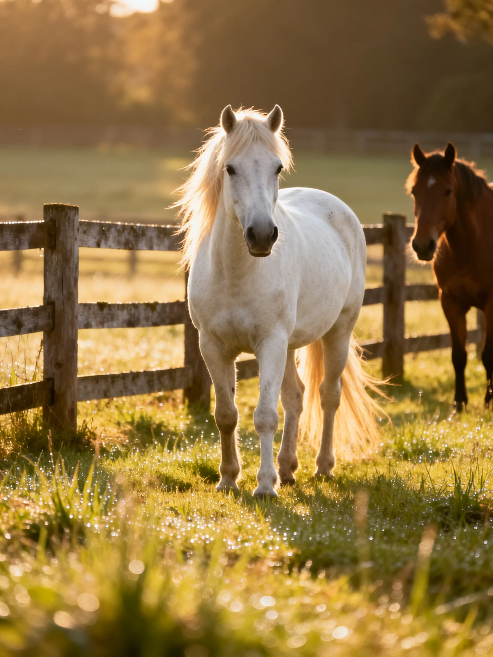 A white horse and brown horse near a wooden fence in golden light