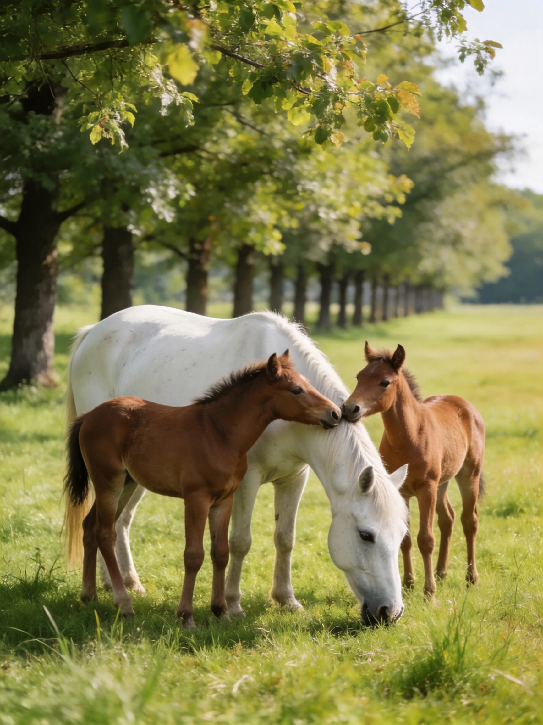 A white horse and two foals share a peaceful moment in a sunlit field.