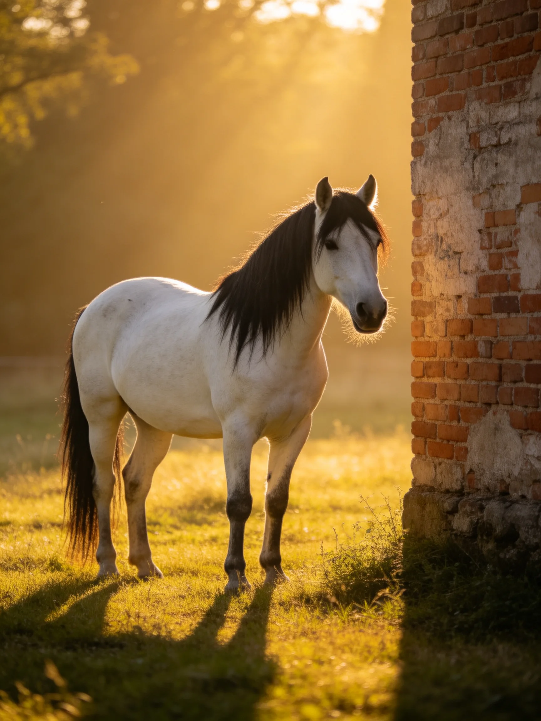 A white horse beside an aged brick wall in golden sunlight