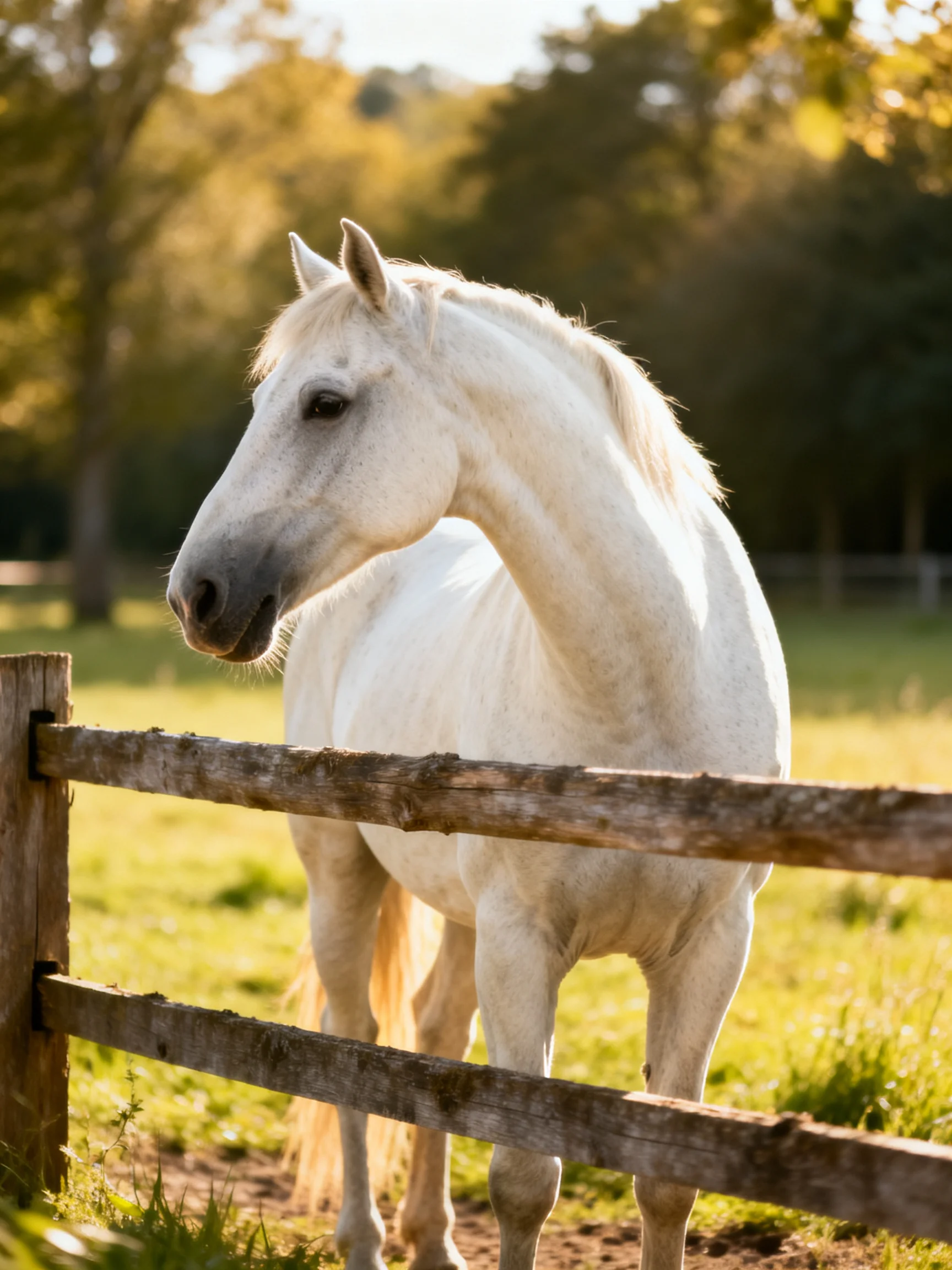 A white horse by an old wooden fence in a sunlit field