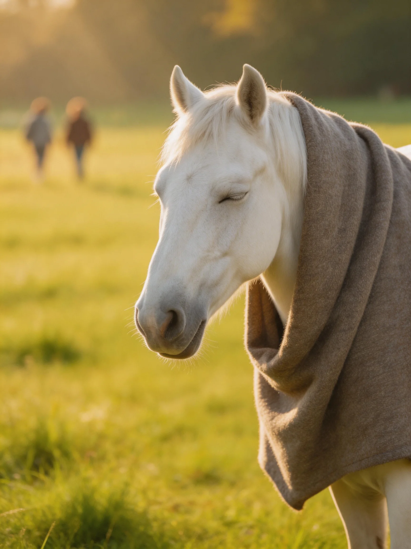 A white horse draped in a brown blanket in a sunlit meadow