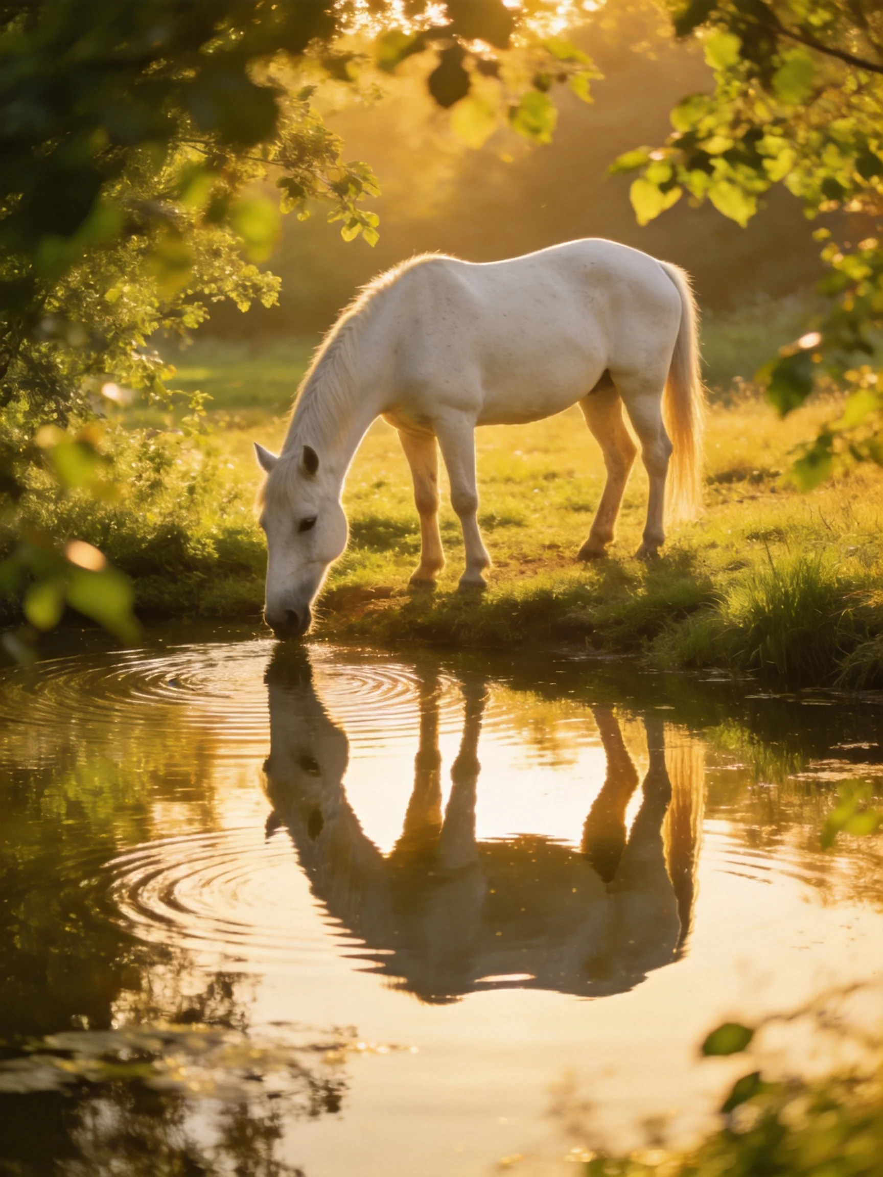A white horse drinks from a golden pond amid lush greenery