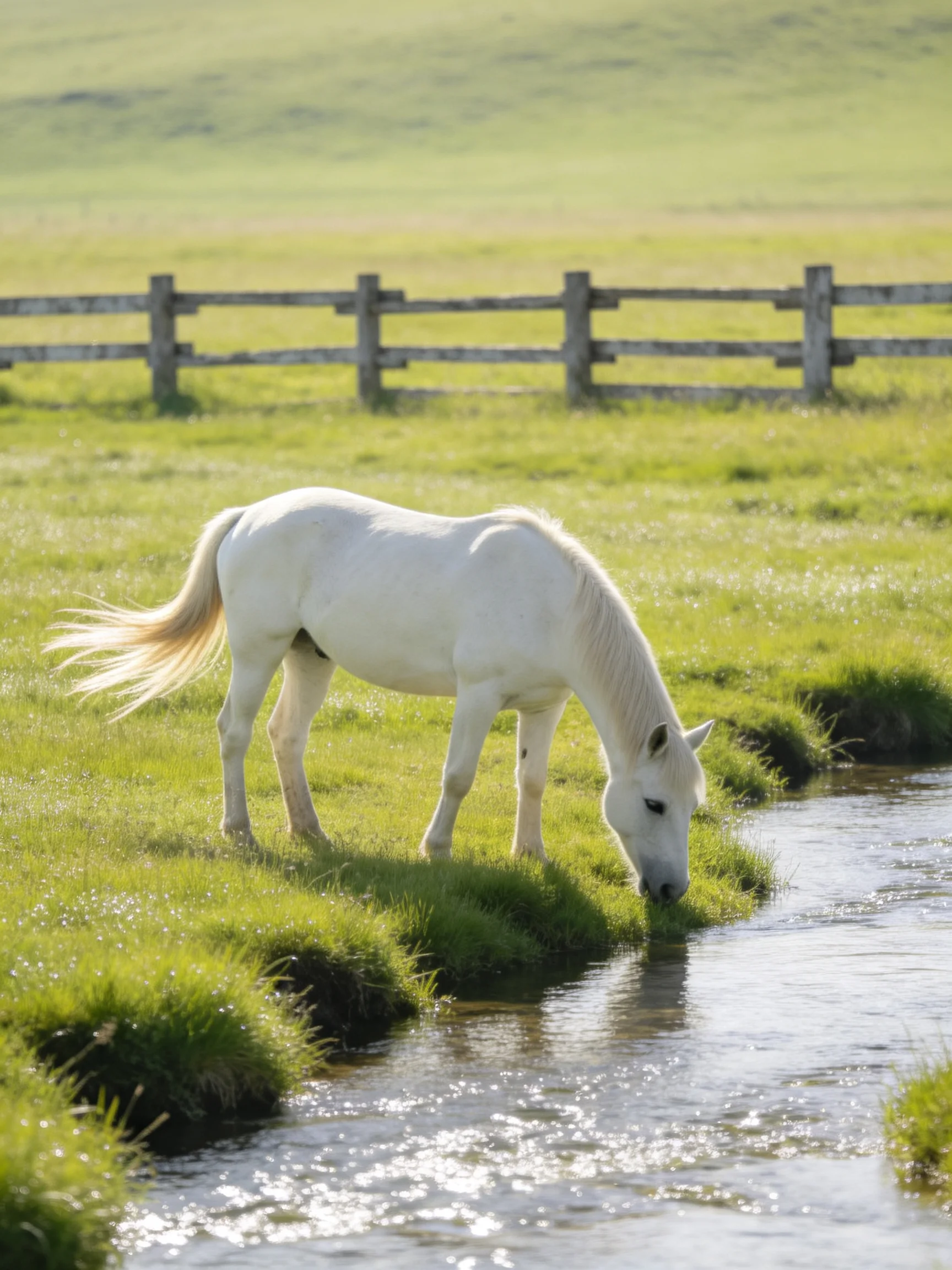 A white horse drinks from a stream amid lush green pastures