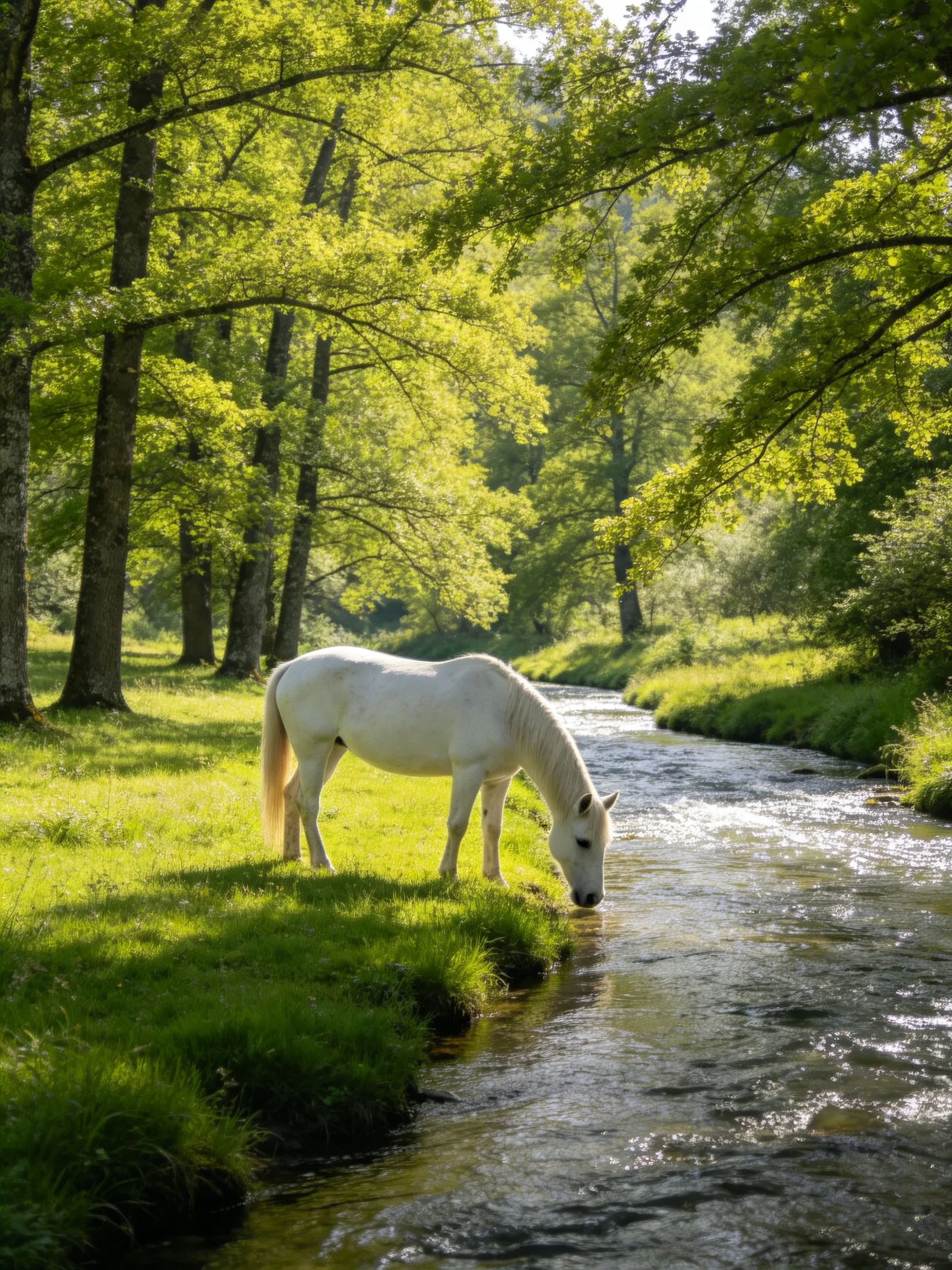 A white horse drinks from a sunlit forest stream