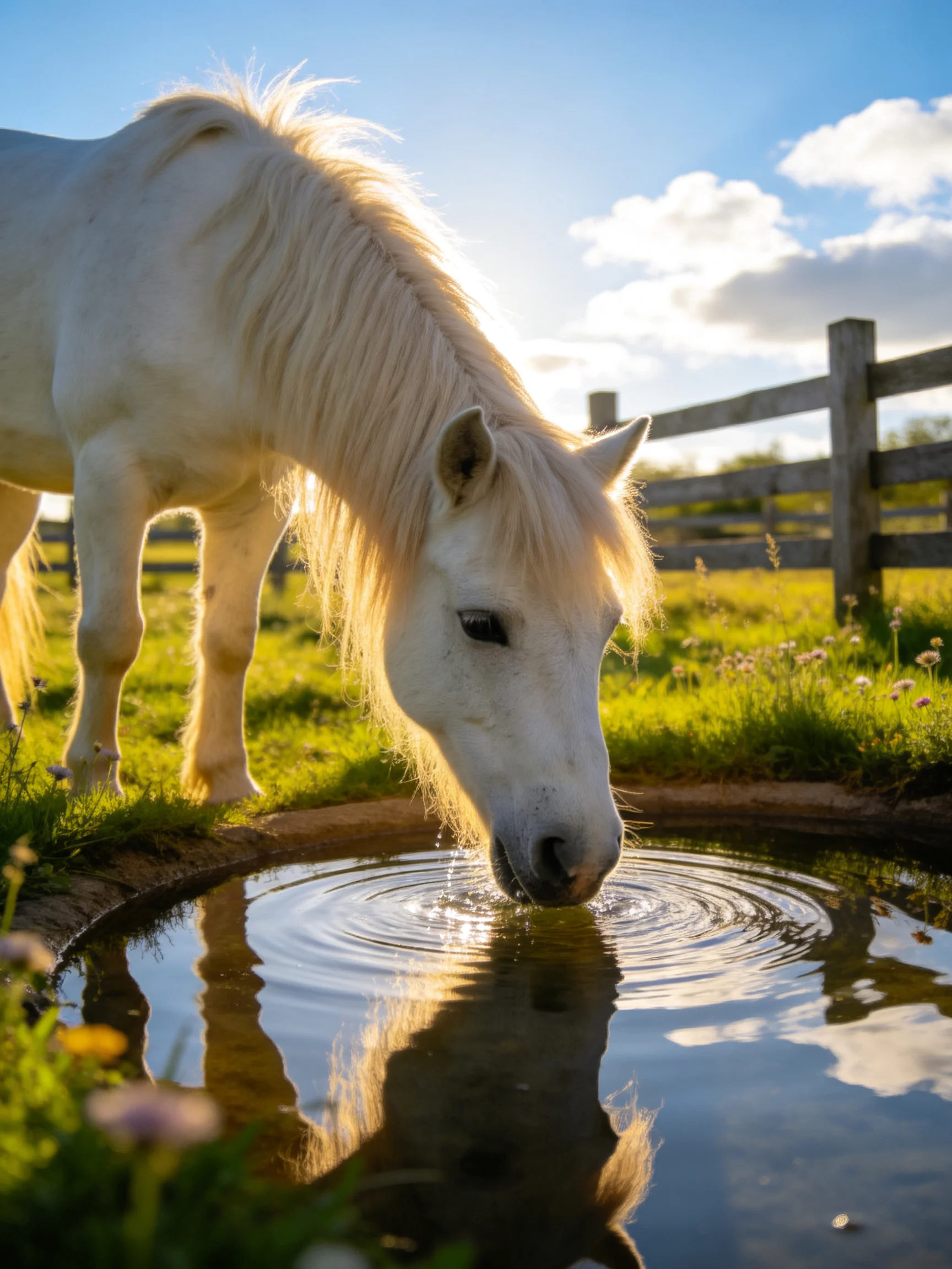 A white horse drinks from a sunlit pond near a wooden fence