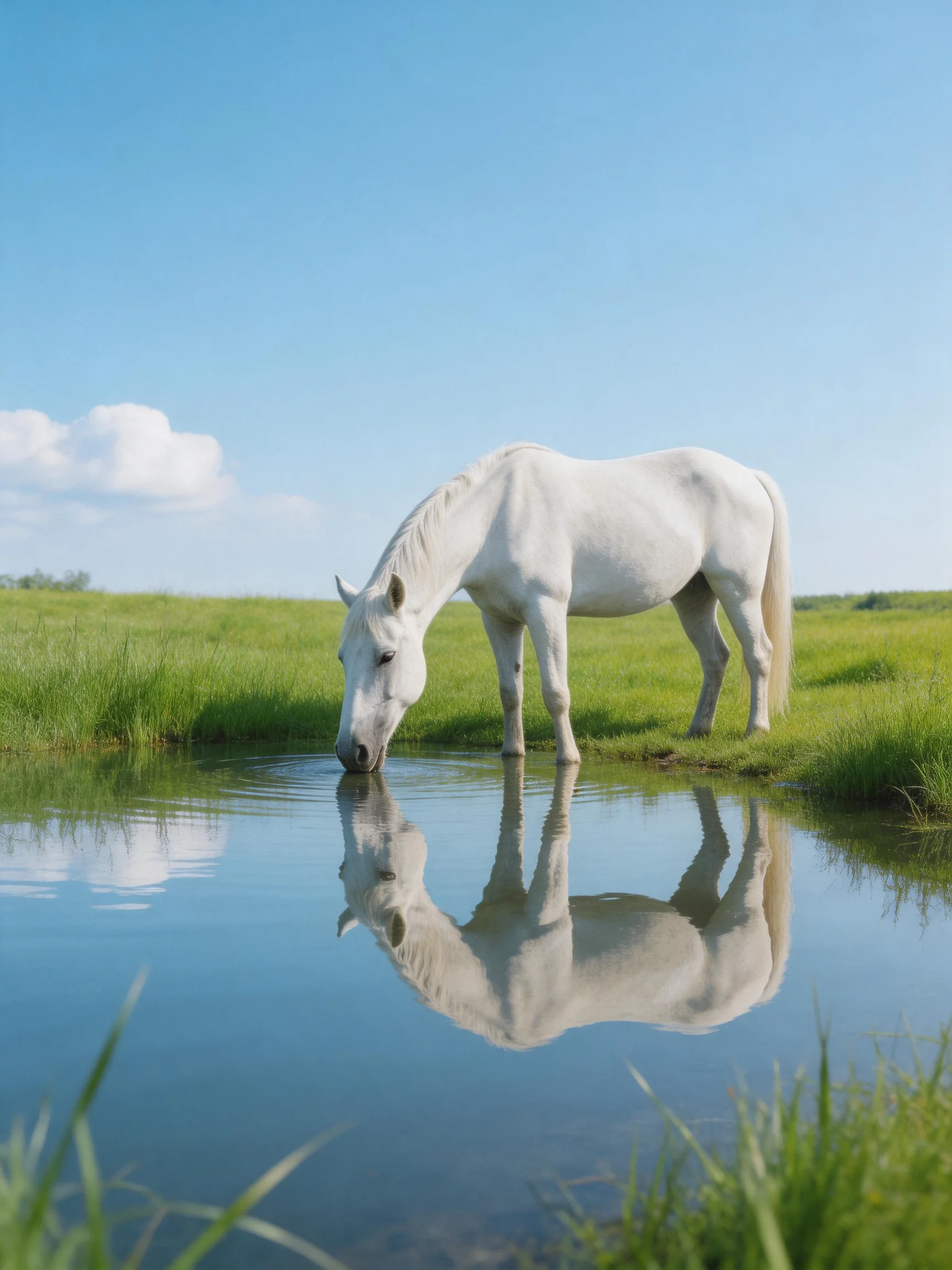 A white horse drinks from calm water beside lush green fields under clear blue sky