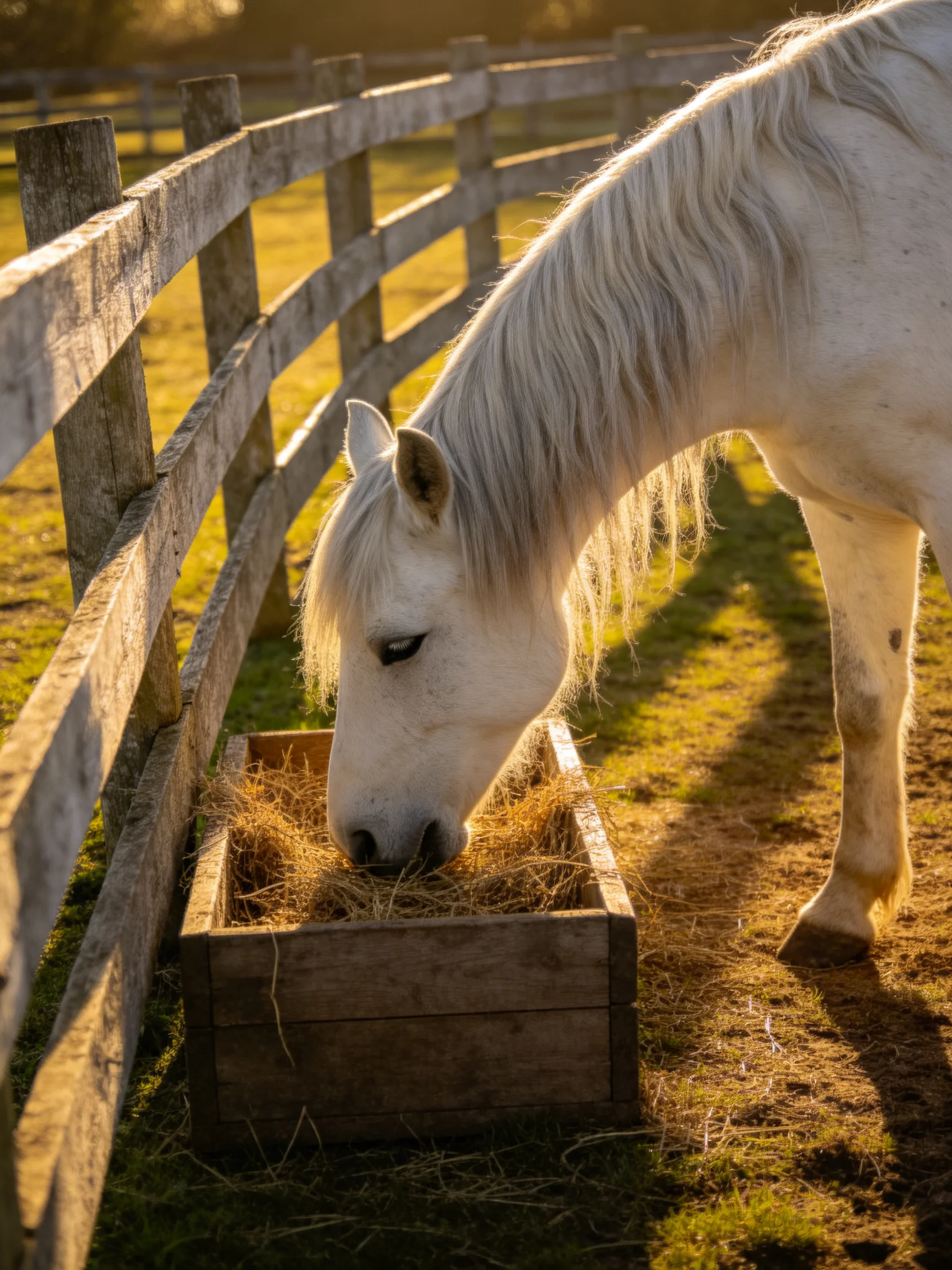 A white horse eating hay from a wooden trough near a weathered fence