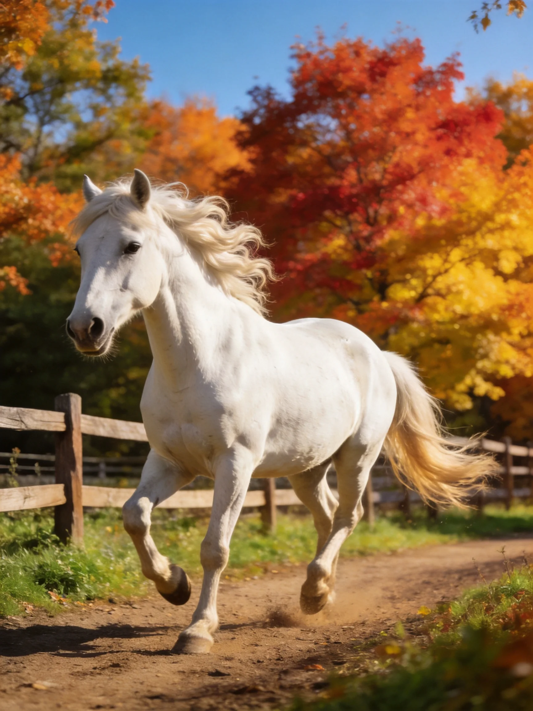 A white horse galloping along a dirt path with vibrant fall foliage