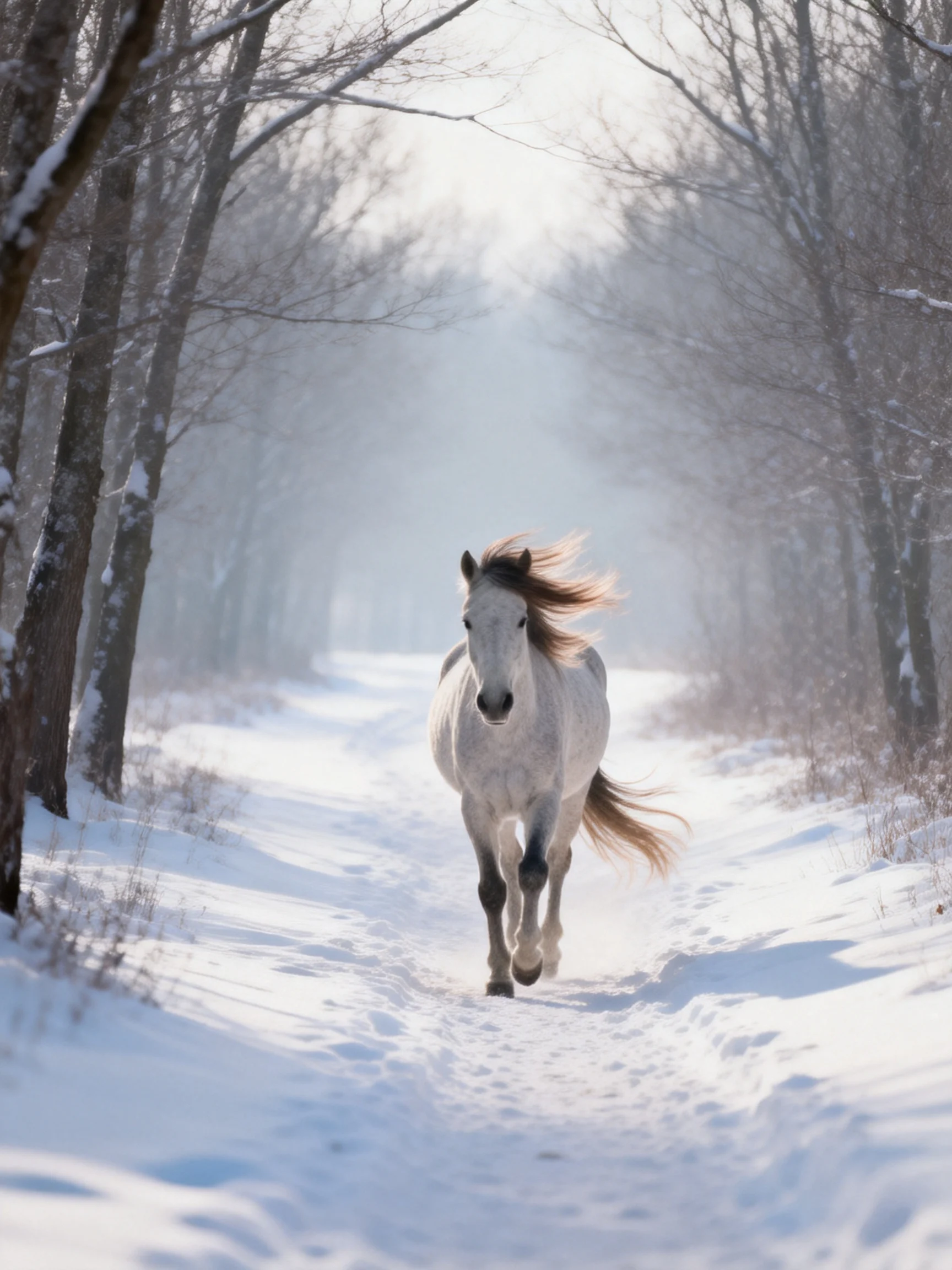 A white horse galloping down a snow-covered forest path