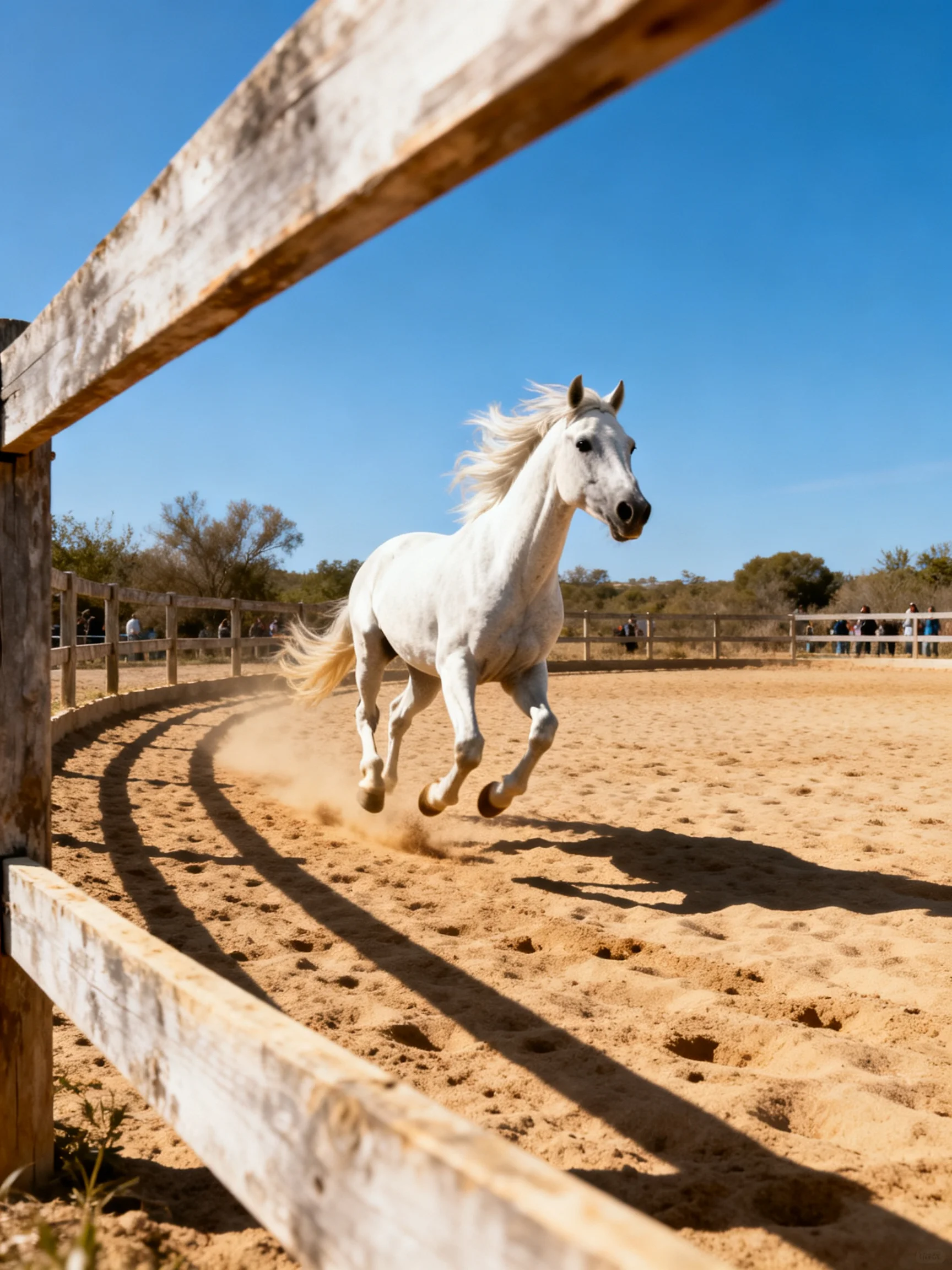 A white horse galloping in a sandy fenced arena