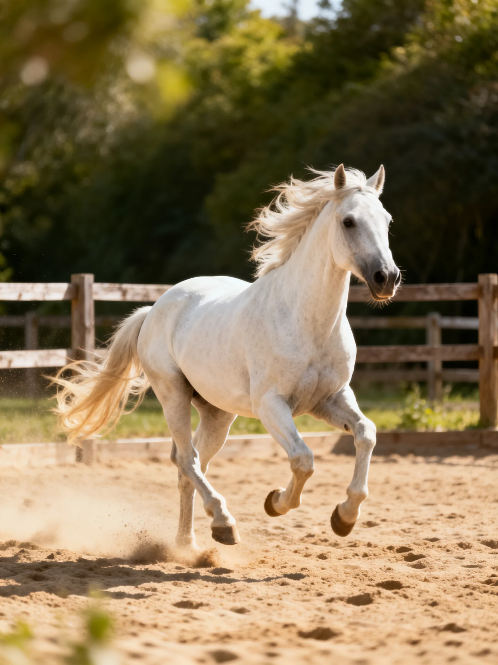 A white horse galloping in a sandy outdoor arena