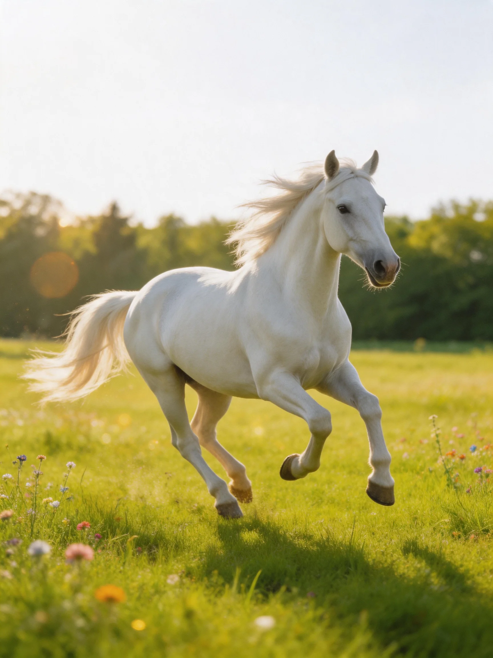 A white horse galloping in a sunlit green meadow