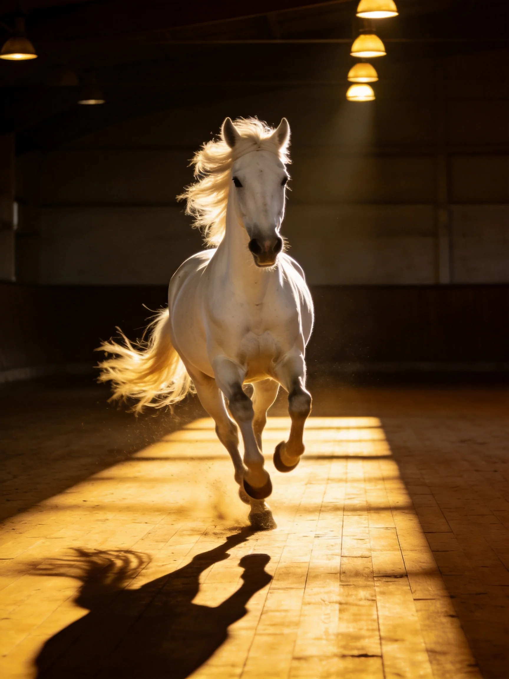 A white horse galloping in a sunlit indoor arena