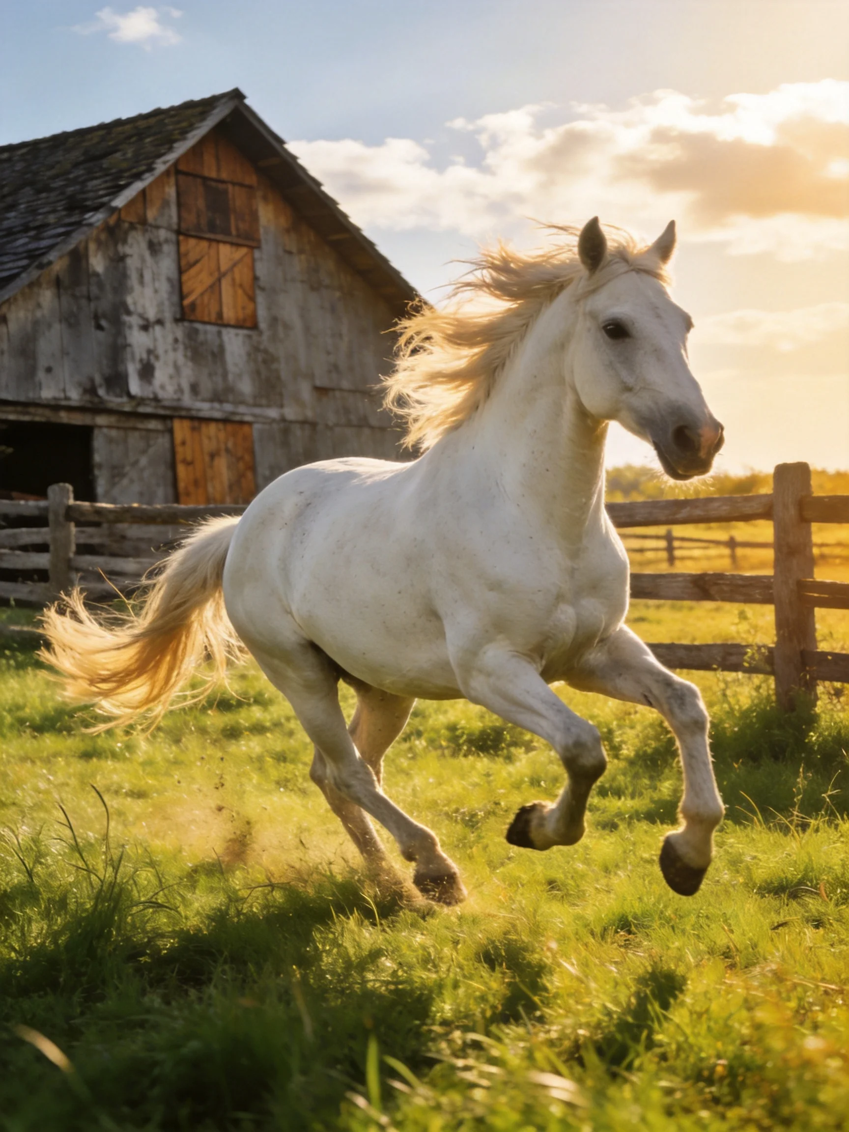 A white horse galloping near an old wooden barn in golden light