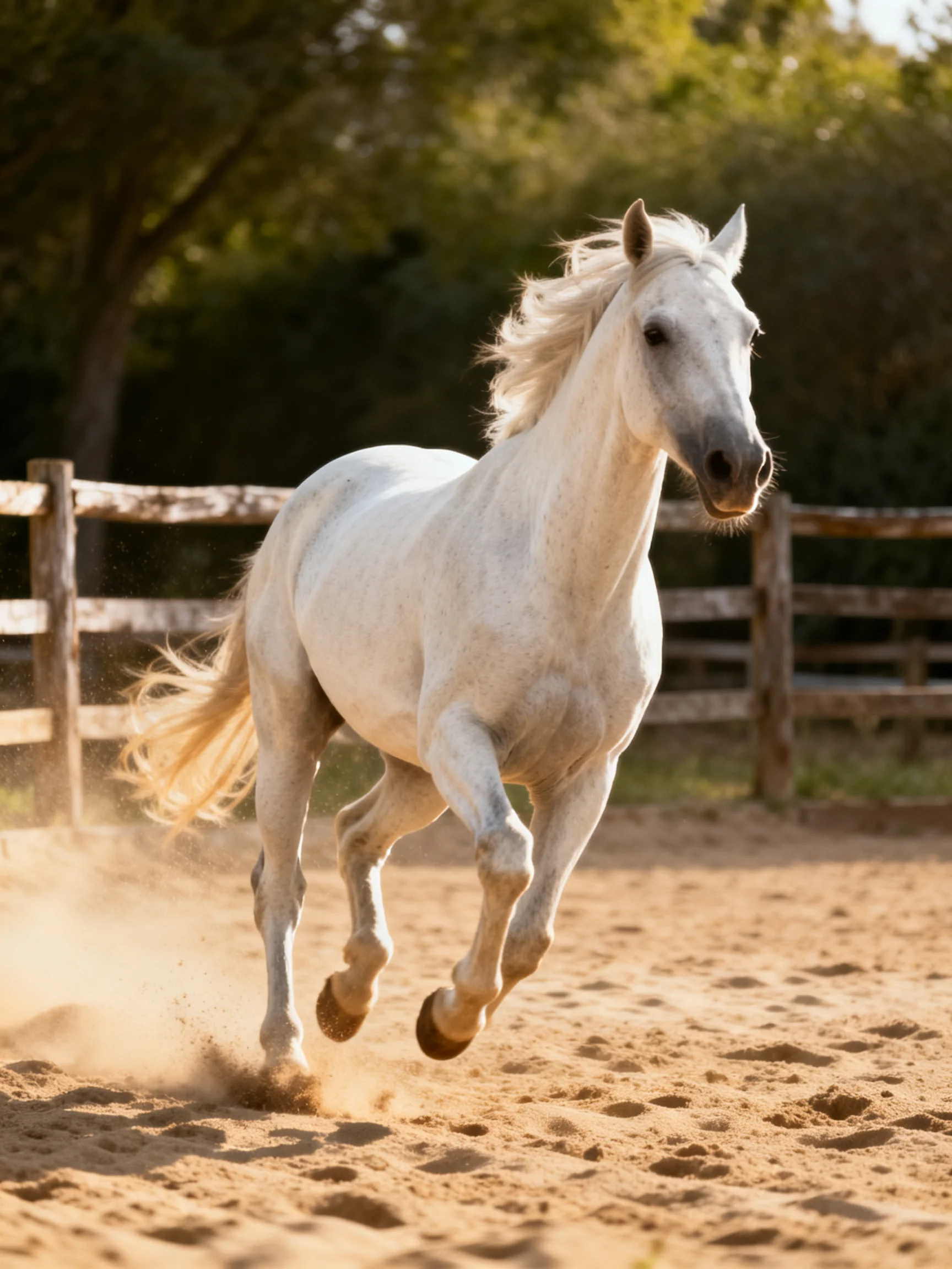 A white horse galloping on a dusty outdoor arena