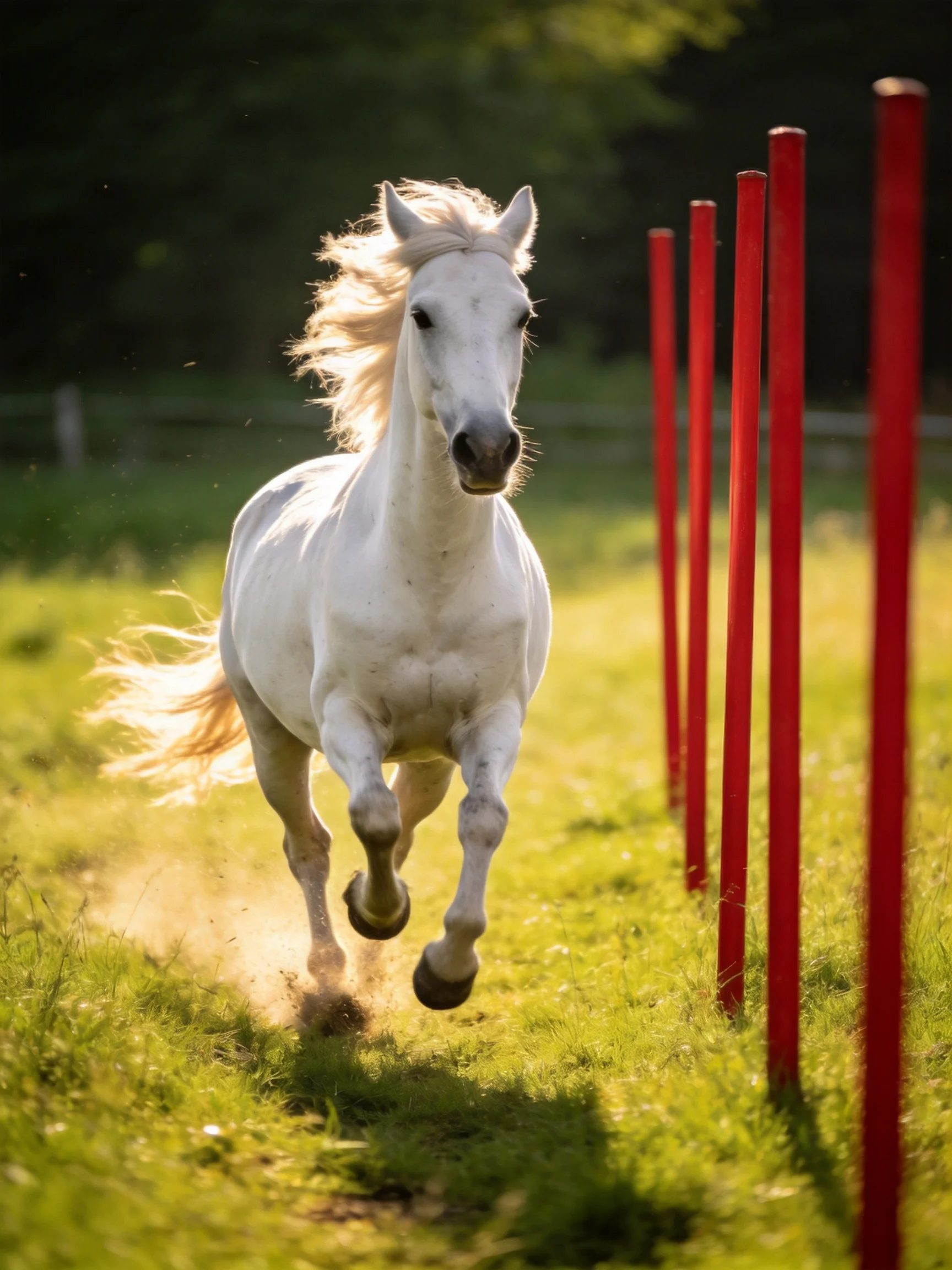 A white horse gallops past red poles in a sunlit field.