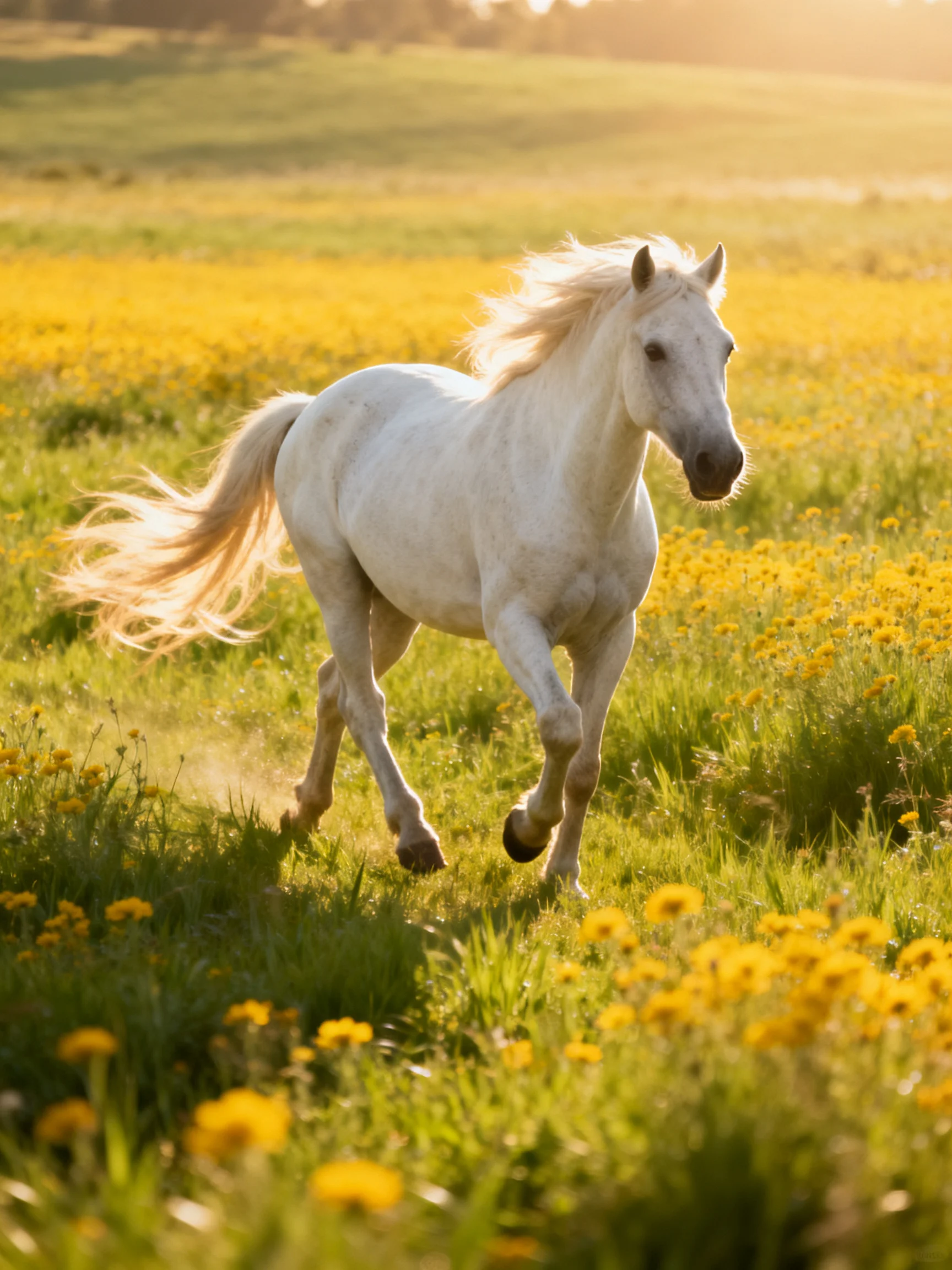 A white horse galloping through a field of yellow wildflowers