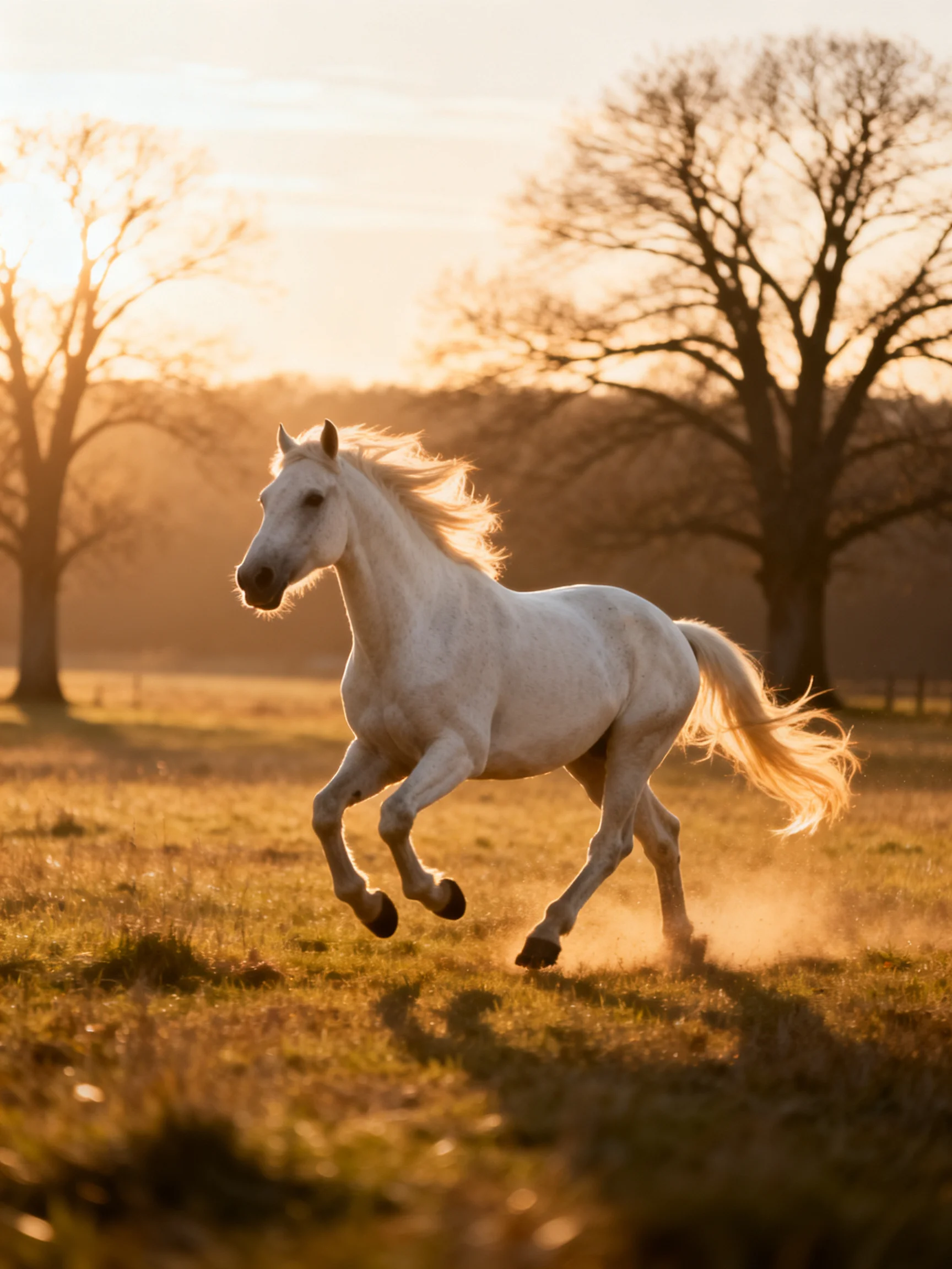 A white horse galloping through a golden field at sunset