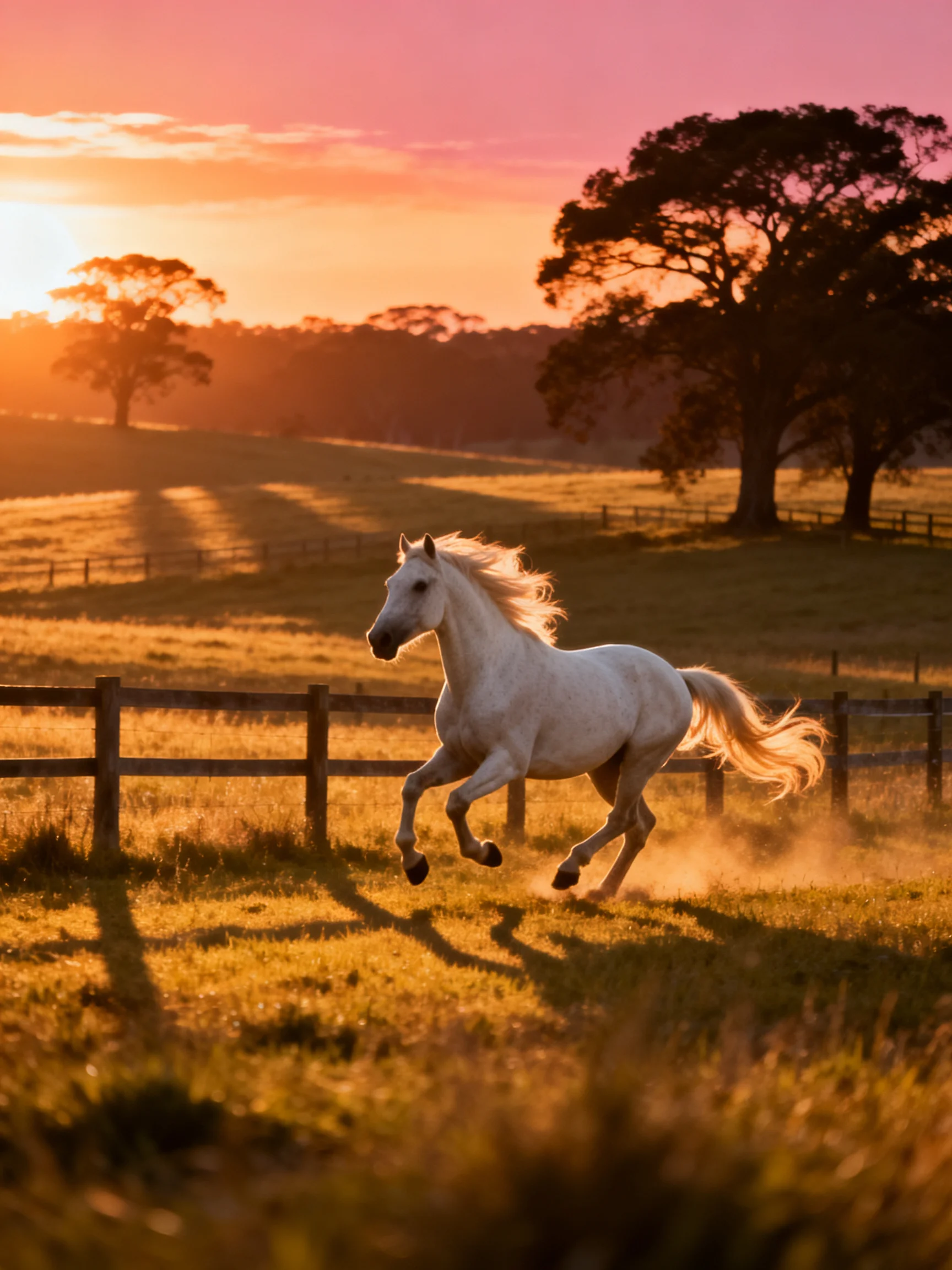 A white horse galloping through a golden field at sunset