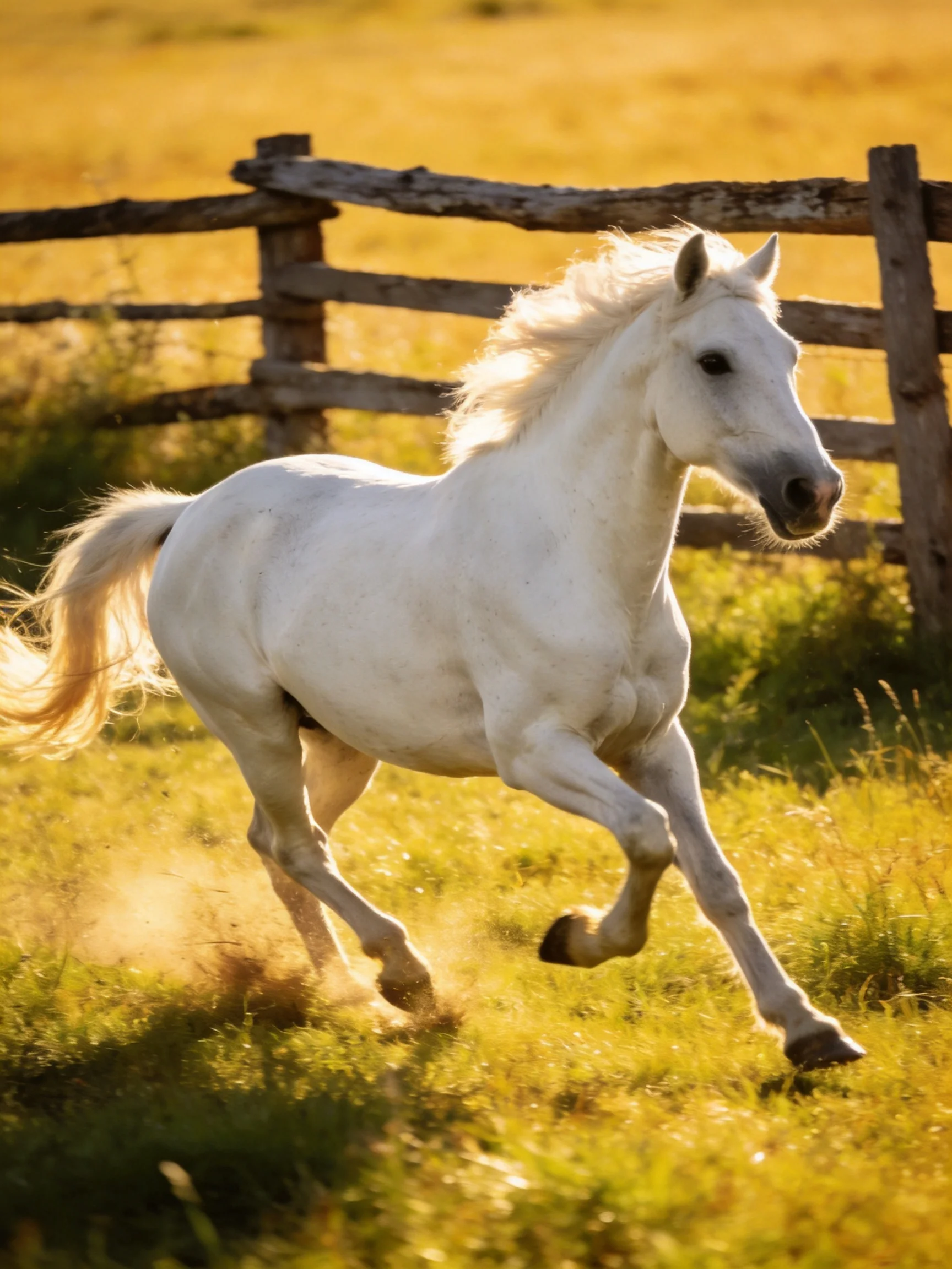 A white horse galloping through a golden meadow near a weathered wooden fence