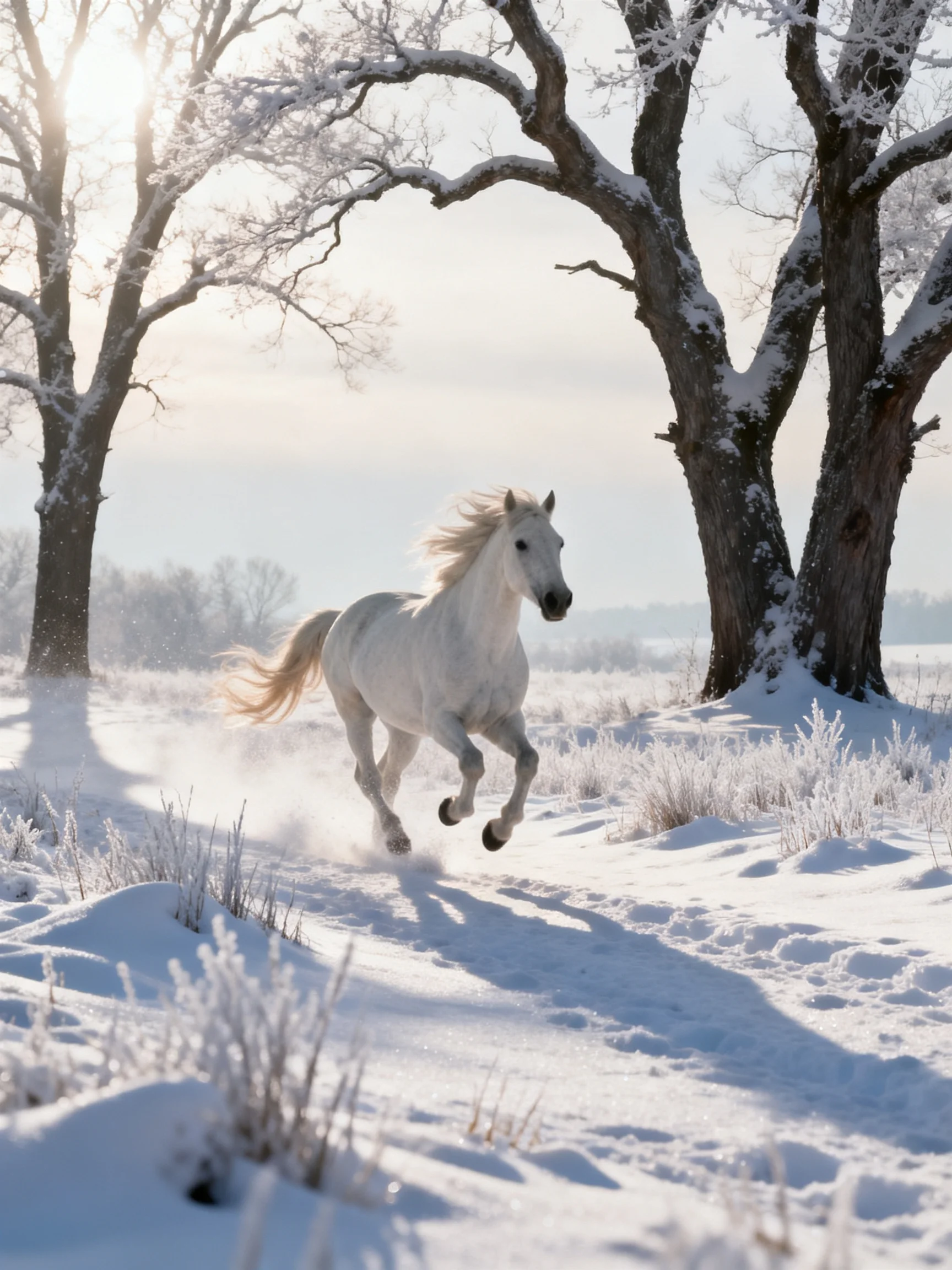 A white horse galloping through a snow-dusted winter forest