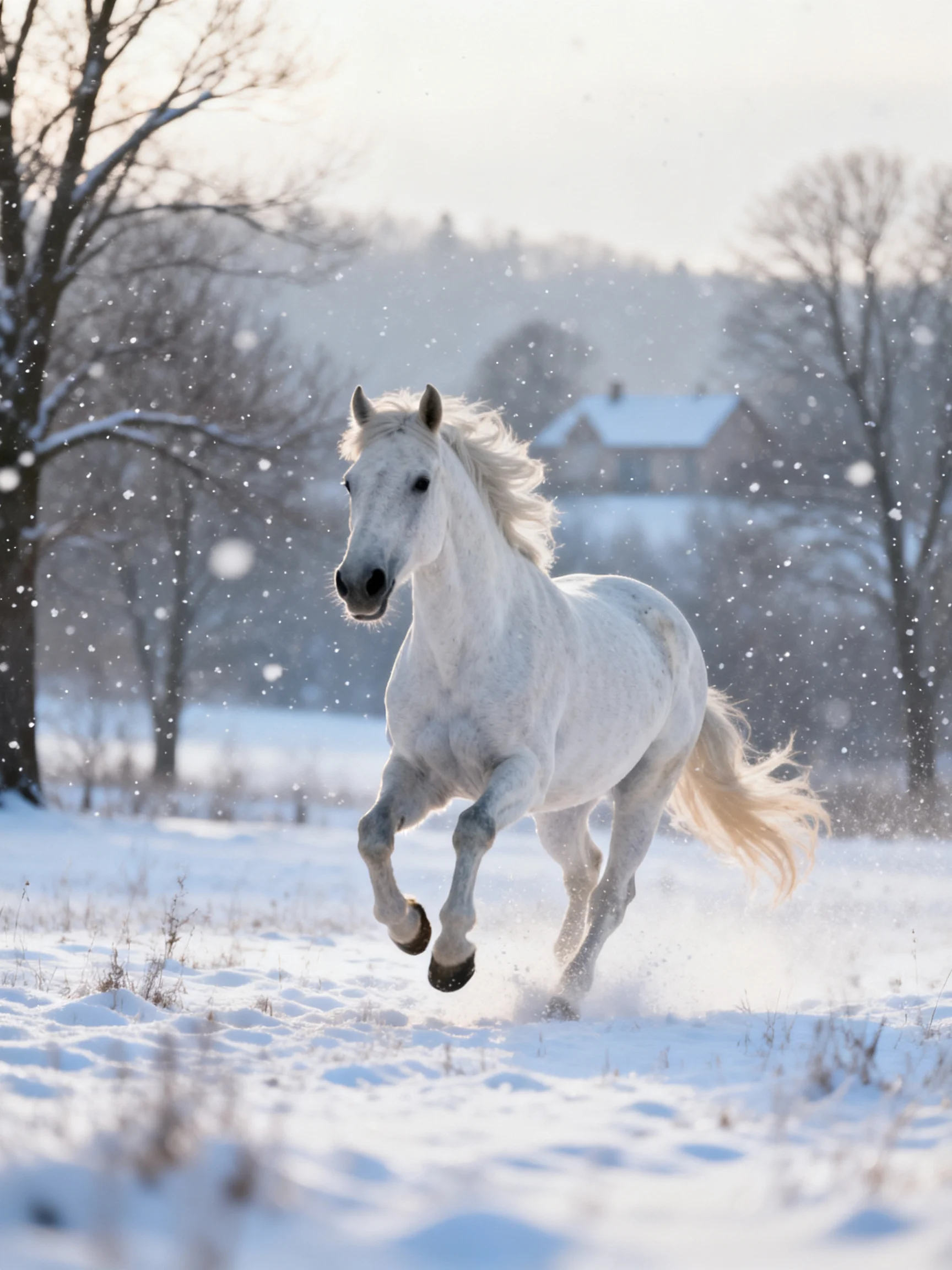 A white horse galloping through a snowy winter field