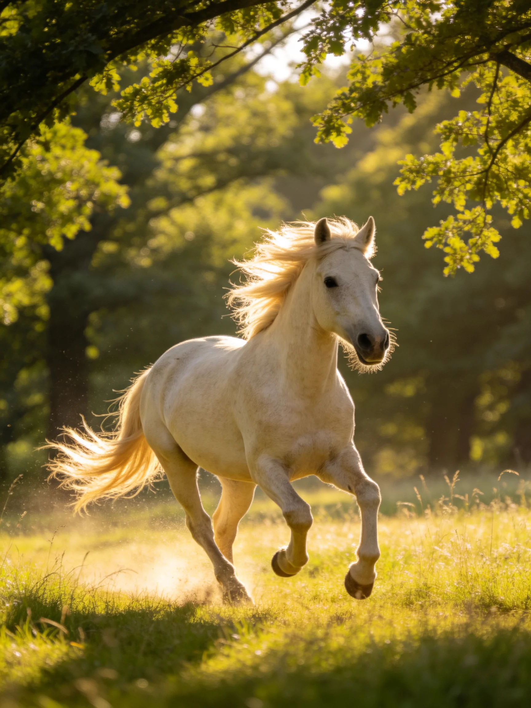 A white horse galloping through a sun-dappled forest meadow