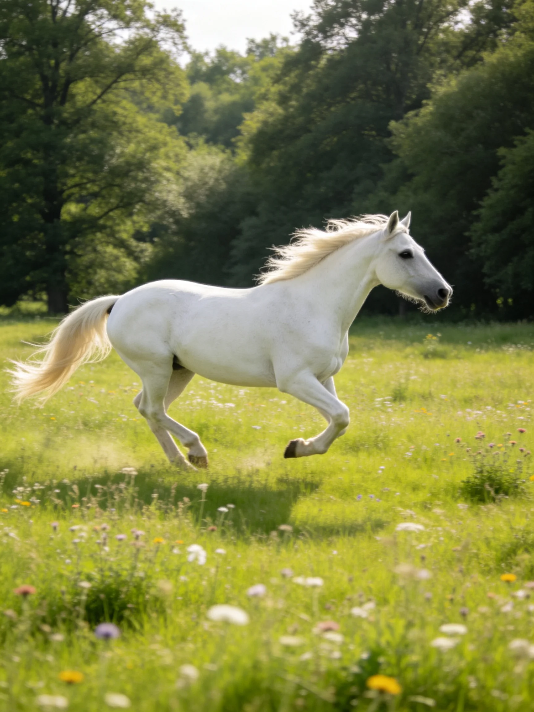 A white horse galloping through a sun-drenched green meadow