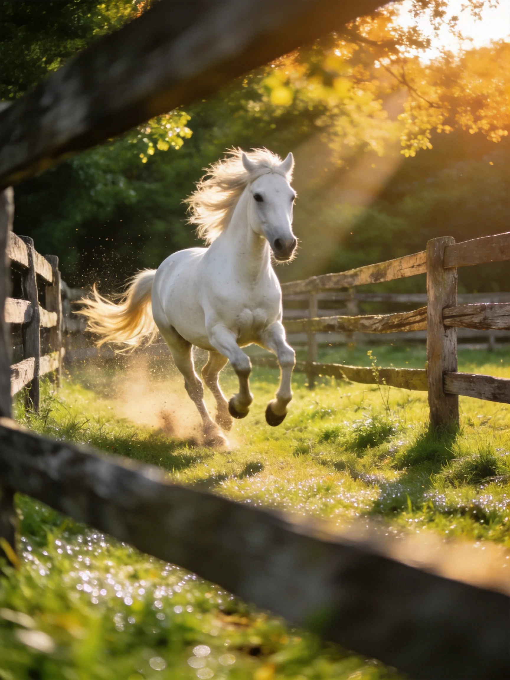 A white horse galloping through a sunlit fenced pasture
