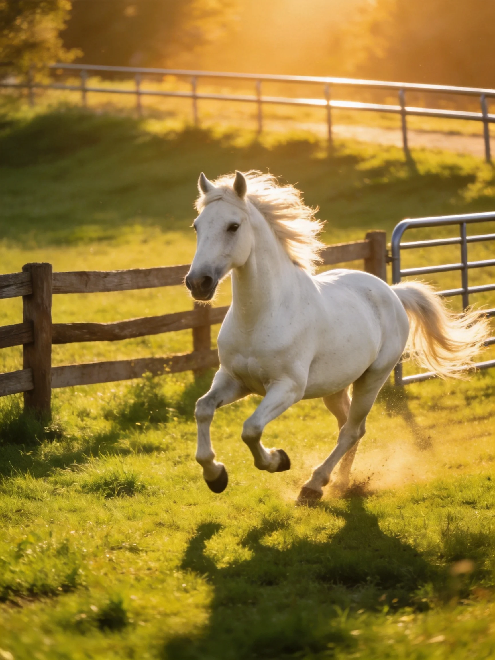A white horse galloping through a sunlit fenced pasture