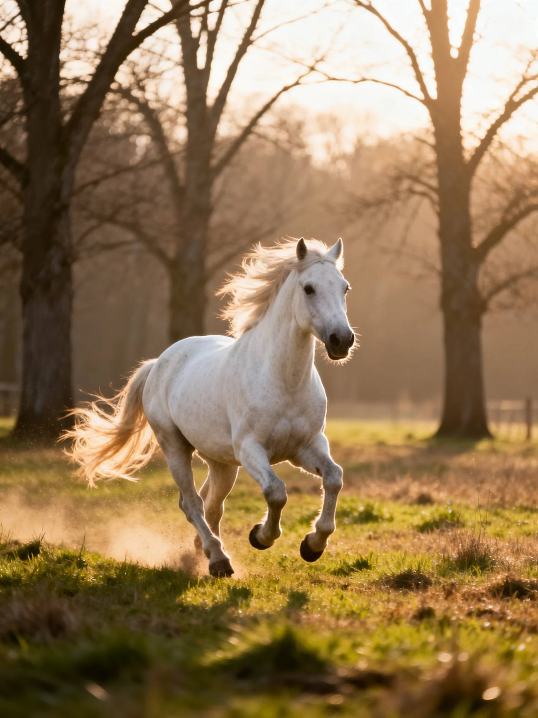 A white horse galloping through a sunlit forest clearing