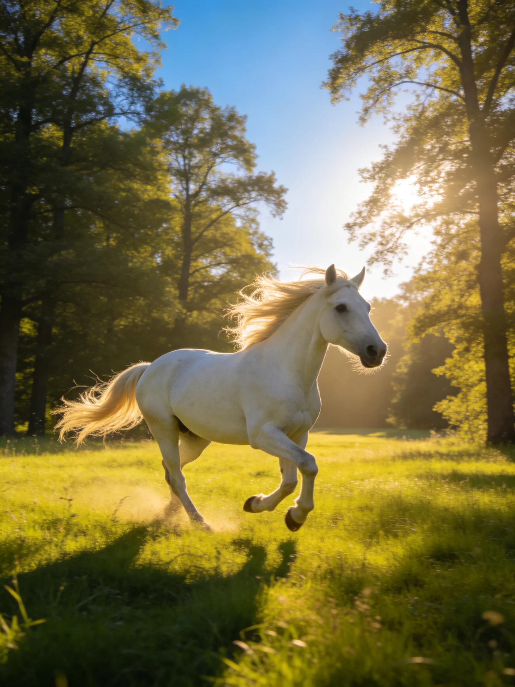 A white horse galloping through a sunlit green meadow