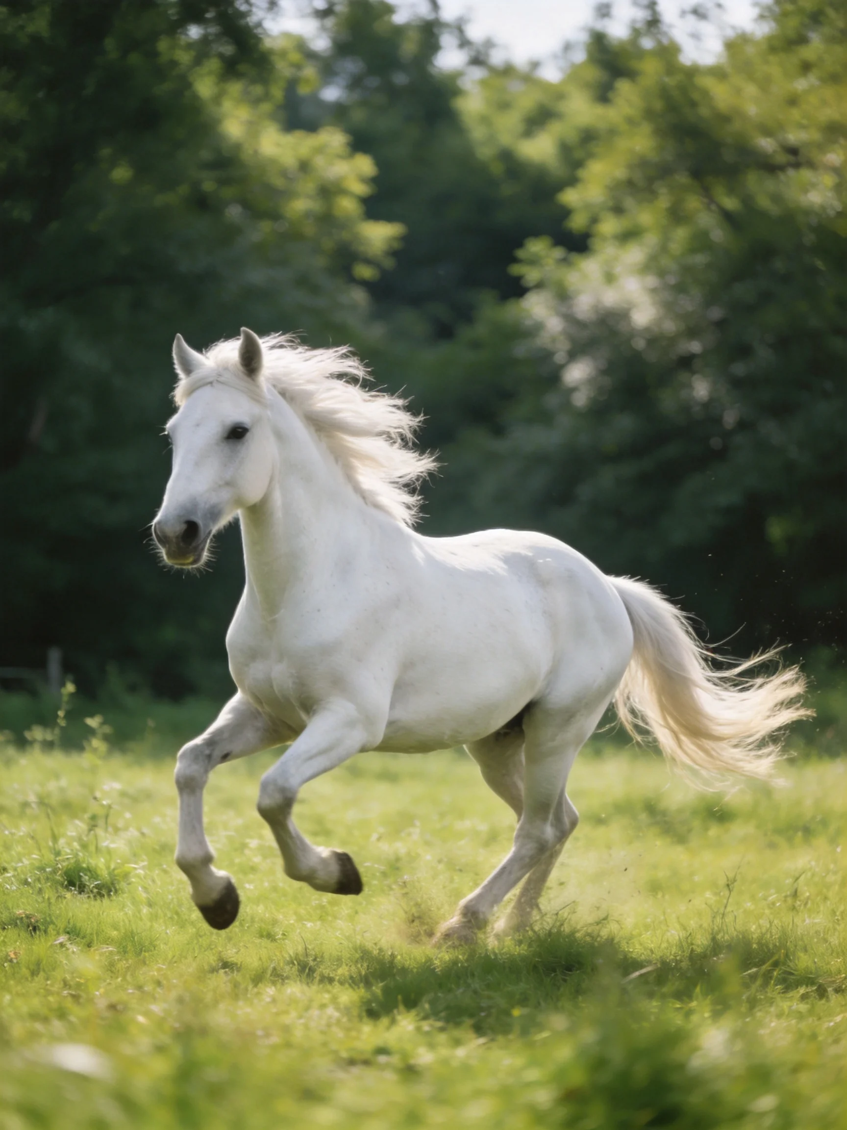 A white horse galloping through a sunlit green meadow