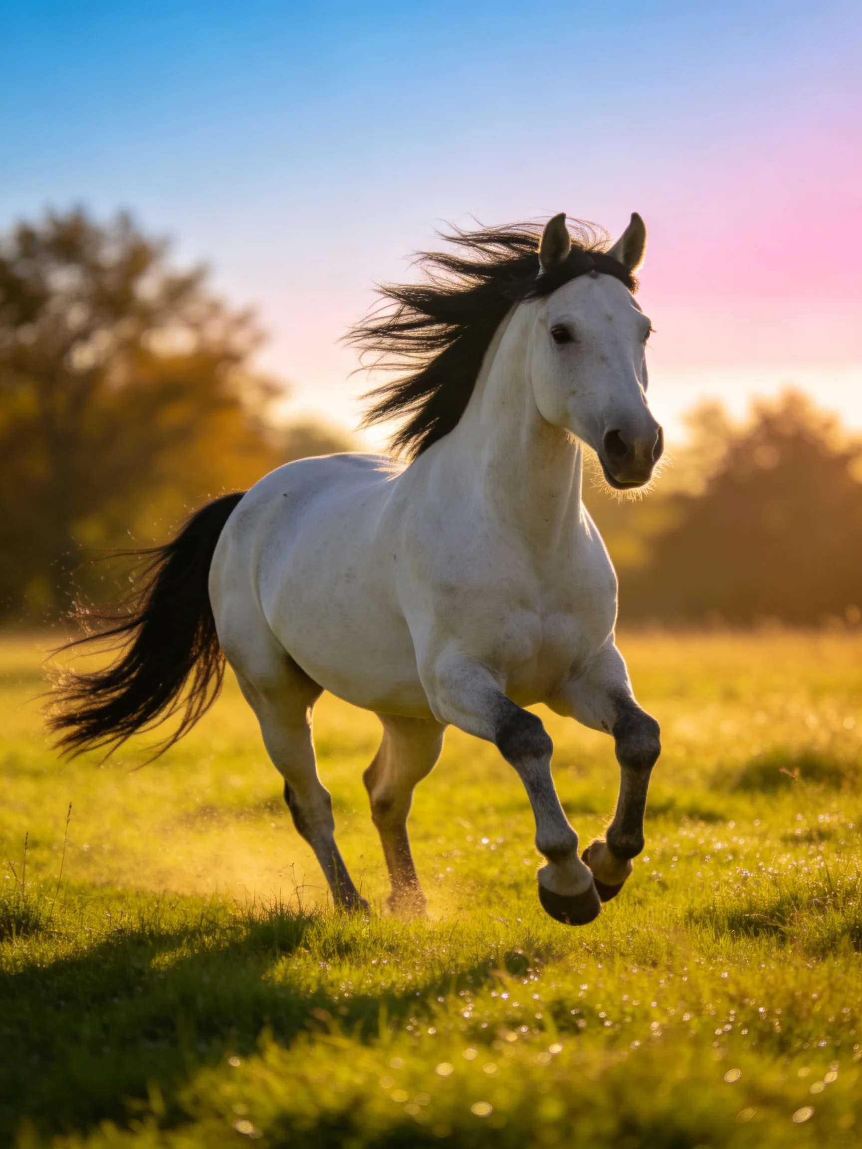 A white horse galloping through a sunlit green meadow