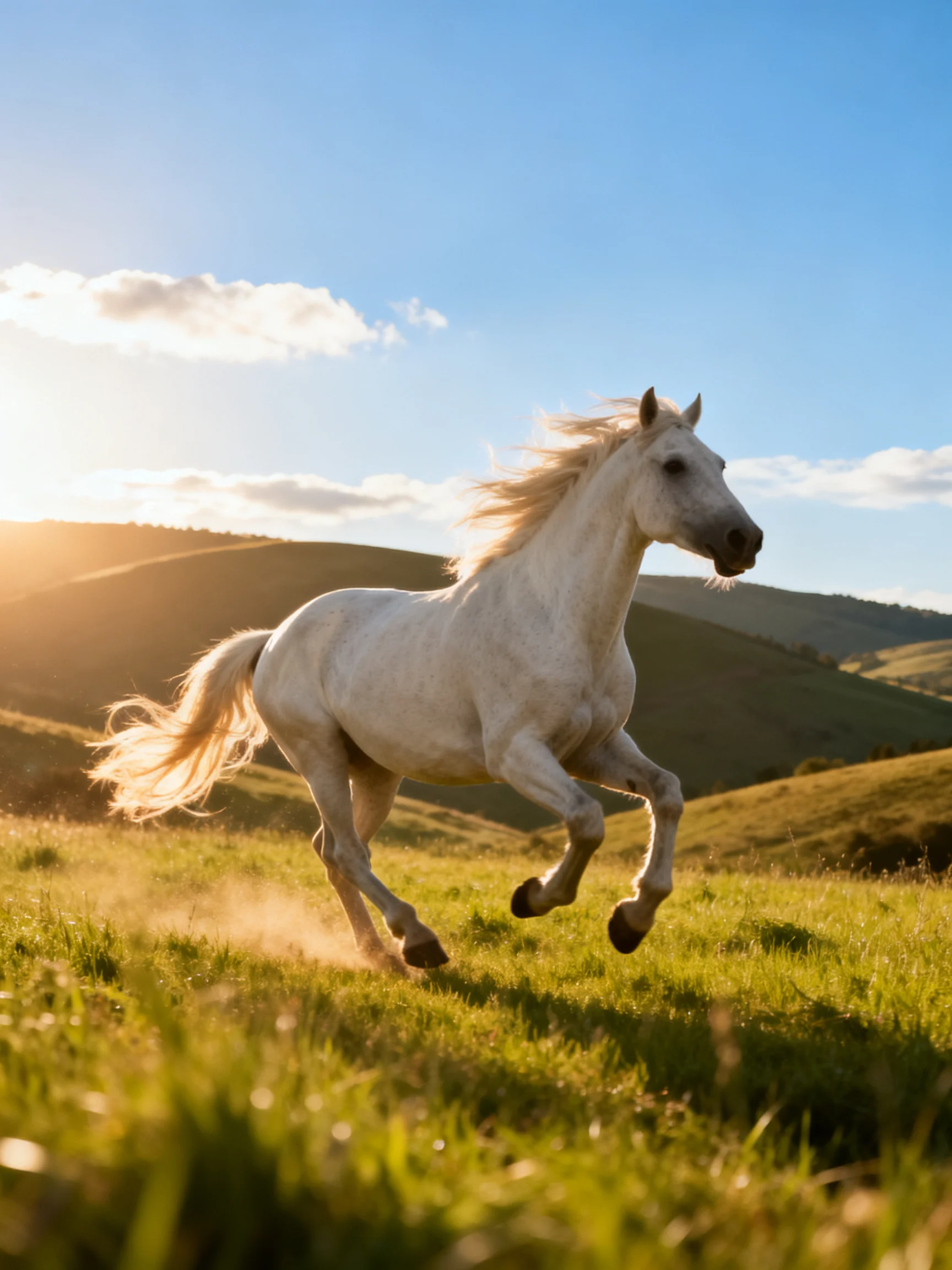 A white horse galloping through a sunlit green meadow