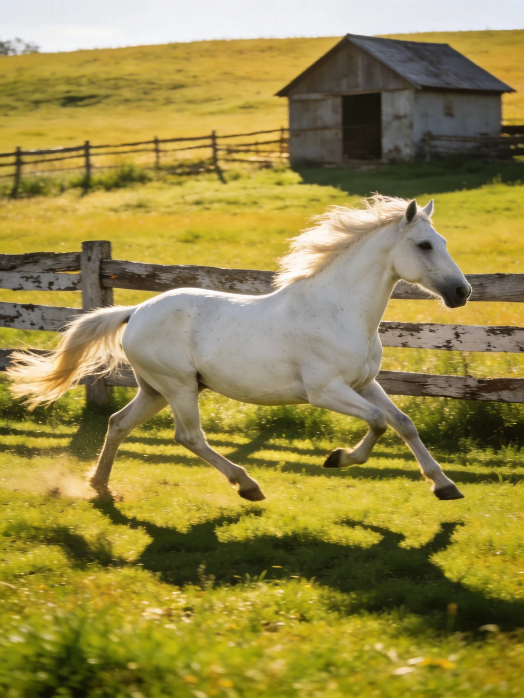 A white horse galloping through a sunlit green pasture near an old barn