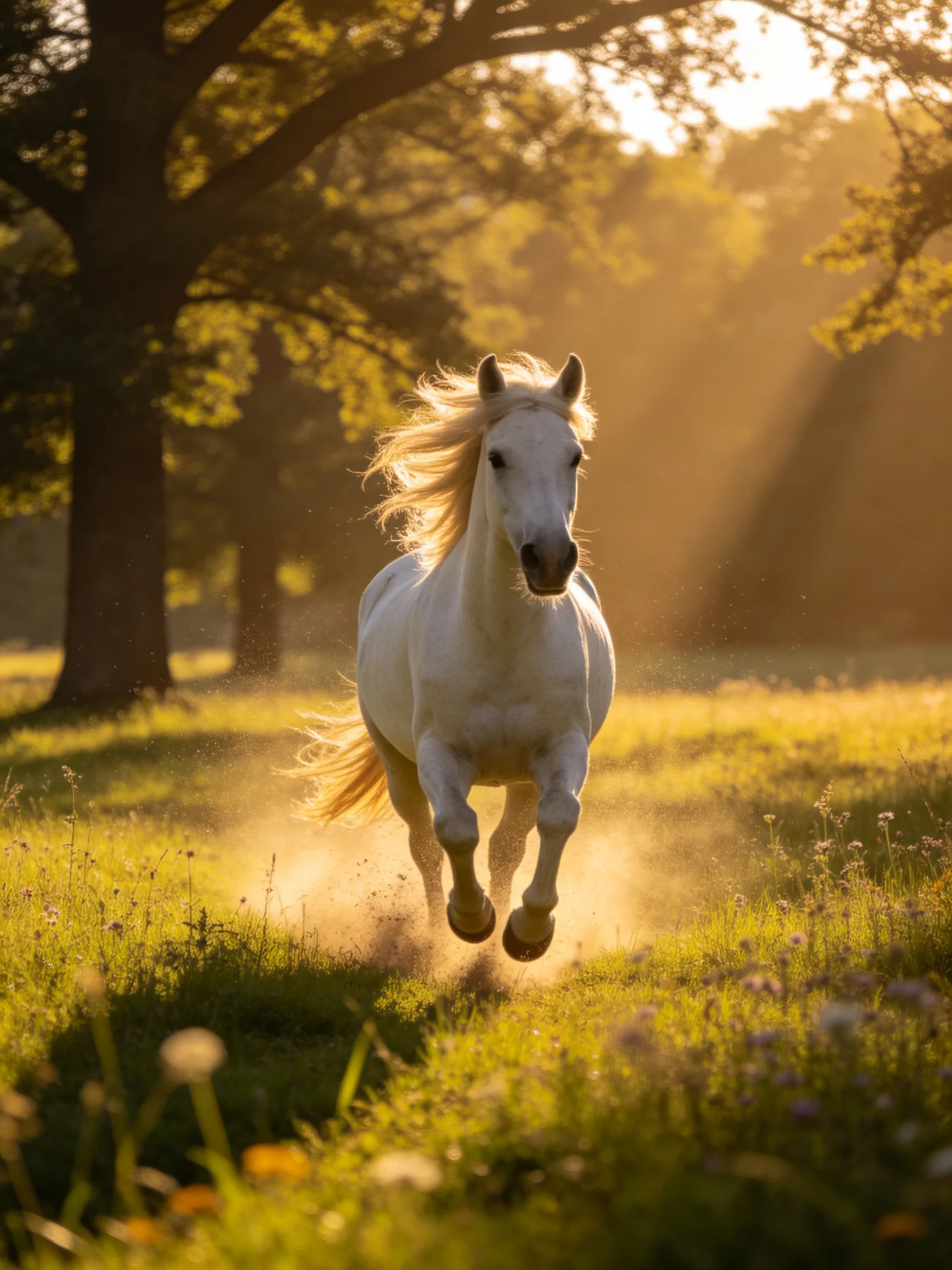 A white horse galloping through a sunlit meadow with tall trees