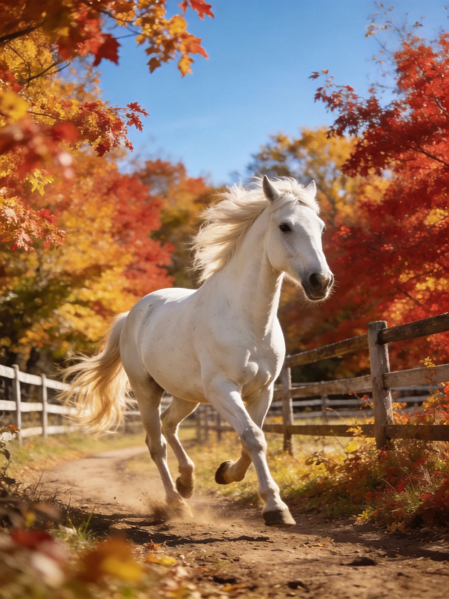 A white horse galloping through an autumn forest with colorful foliage