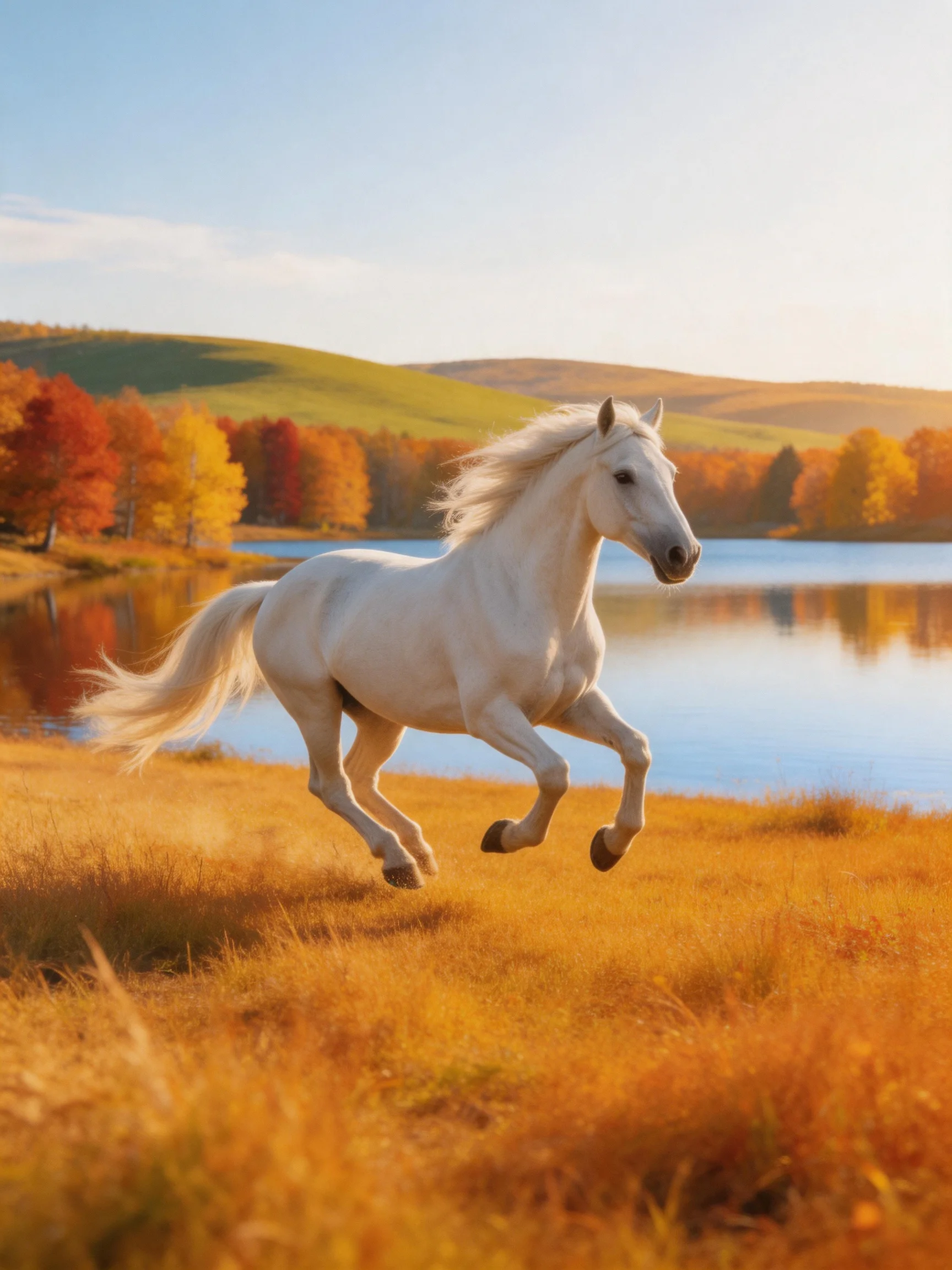 A white horse galloping through golden grass near a serene lake with autumn trees